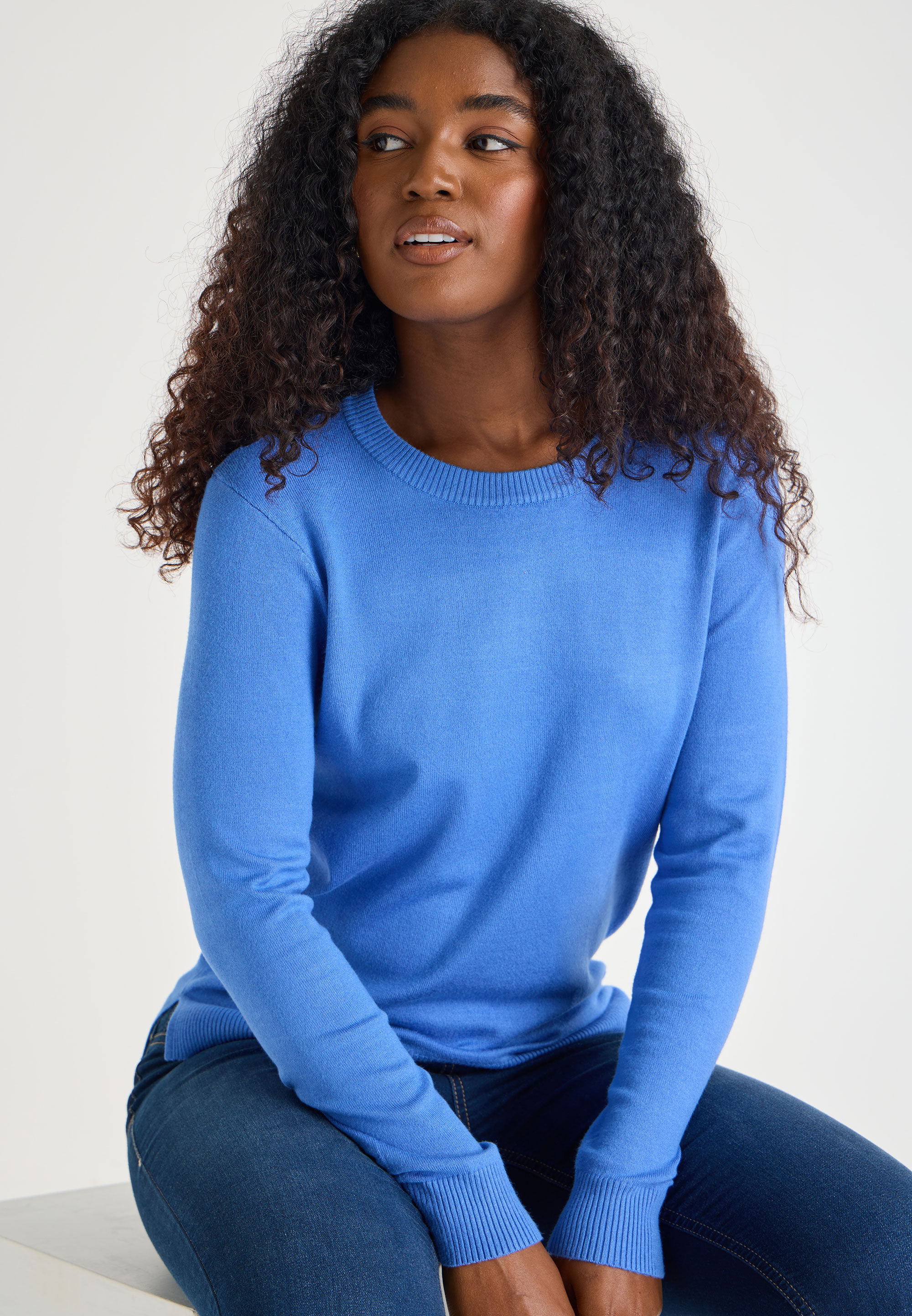 Womens Blue Plain Crew Neck Jumper