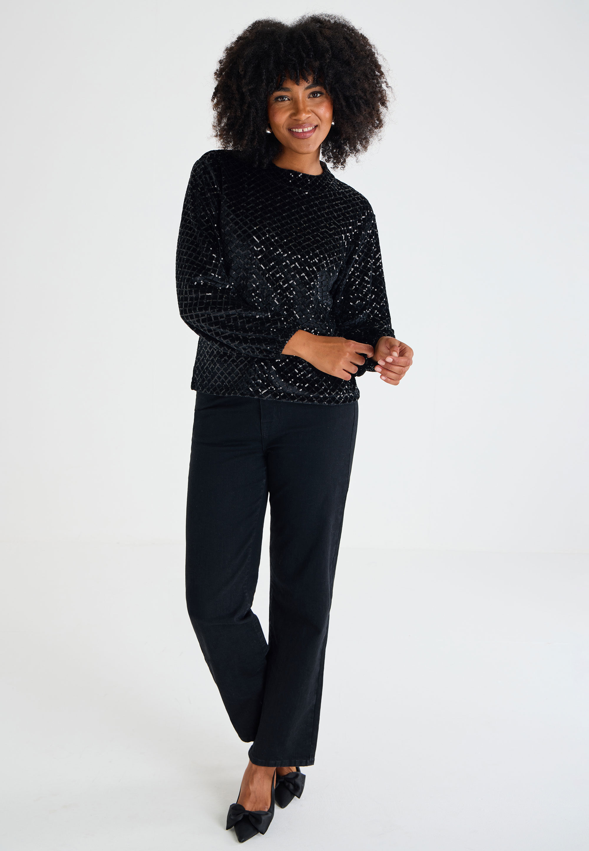 Womens Black Velvet Sequin Keyhole Top