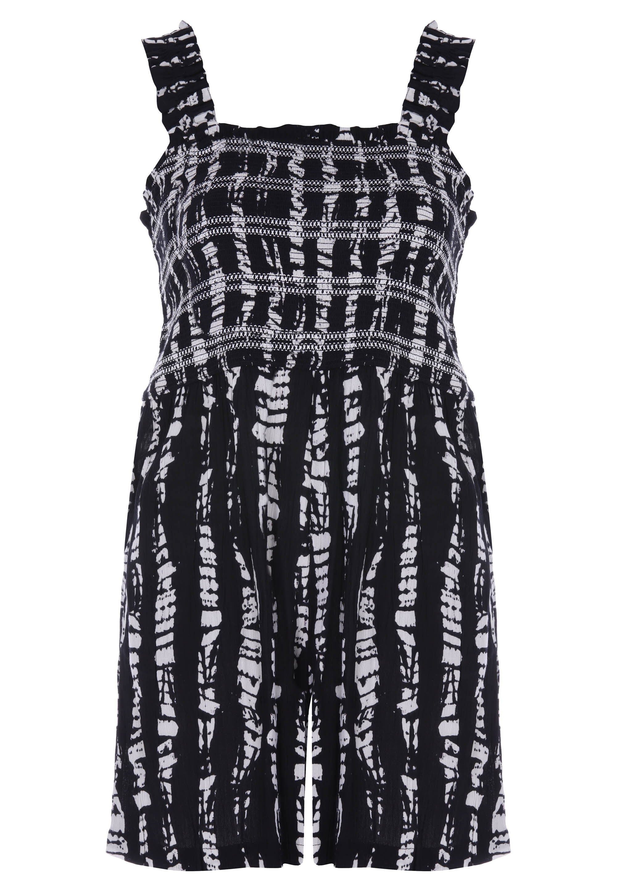 Womens Black & White Tiedye Print Shirred Short Playsuit