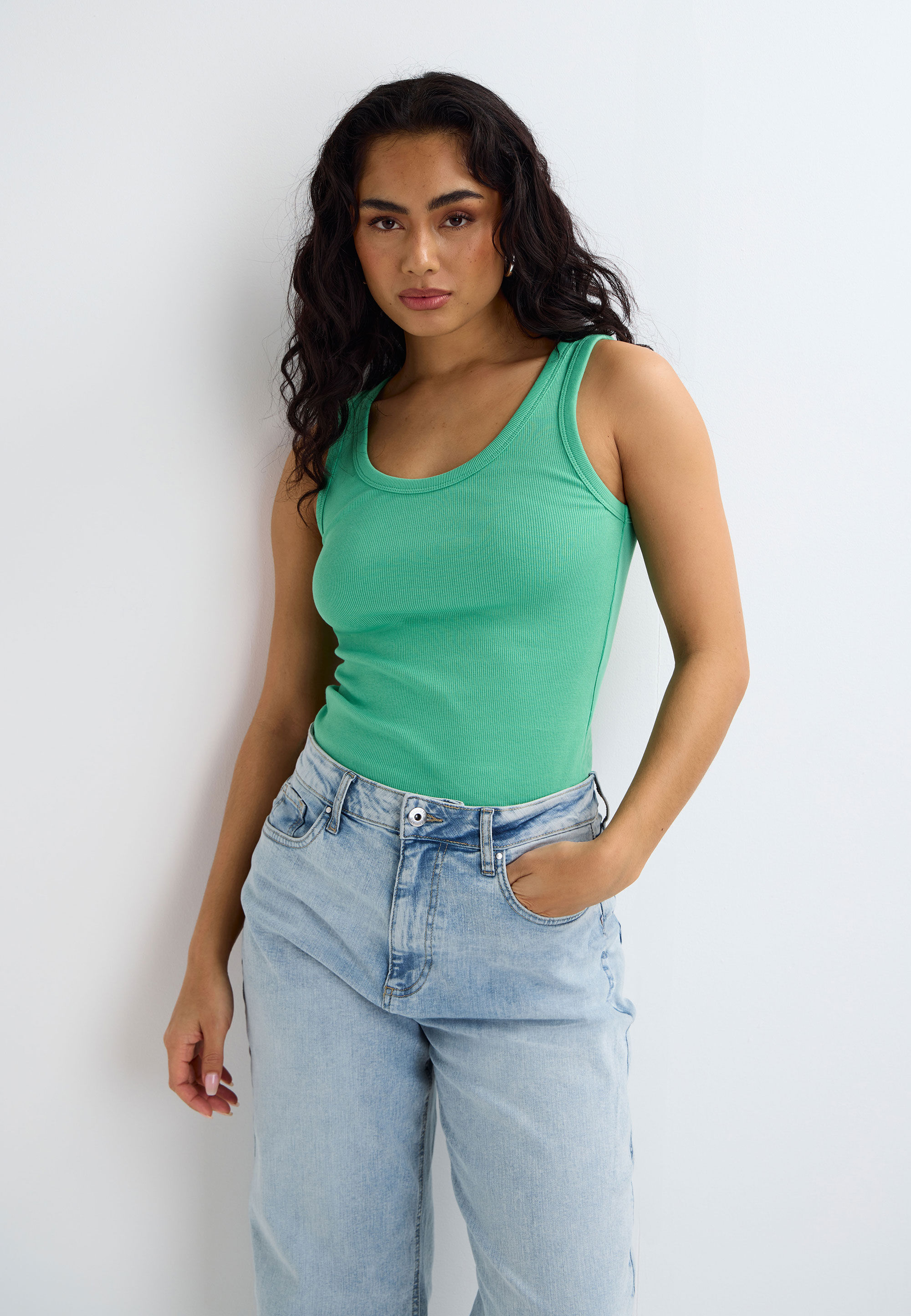 Womens Green Plain Basic Stretch Vest Top