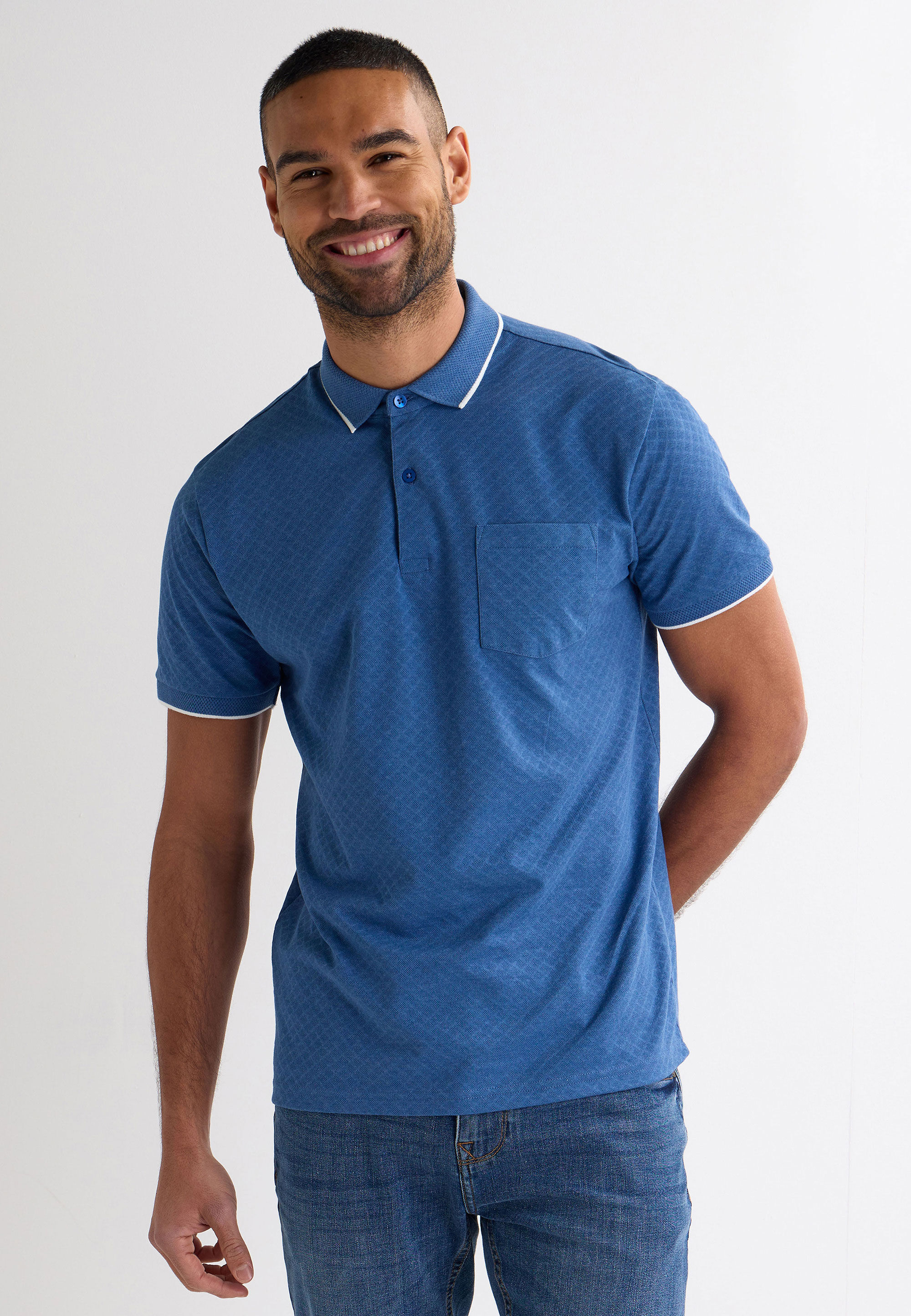Mens Blue Jacquard Short Sleeve Polo Shirt