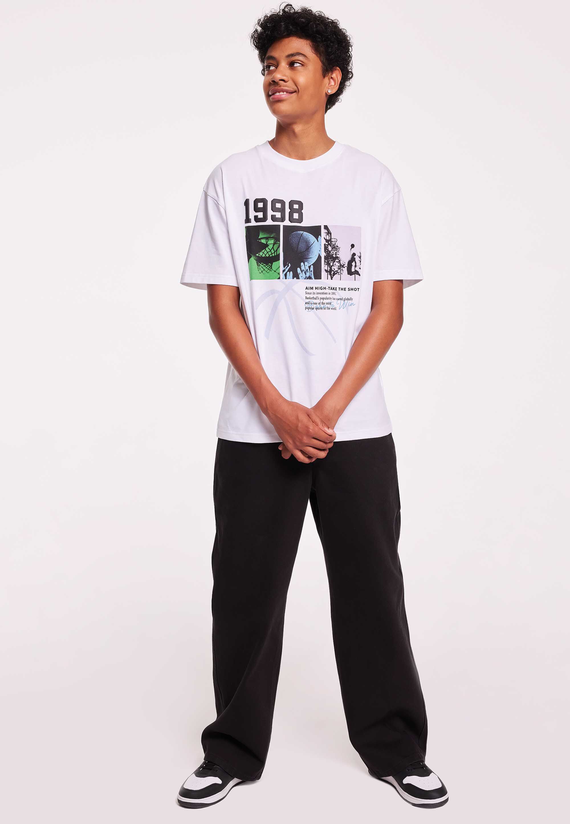 Older Boys White Basketball Printed T-Shirt
