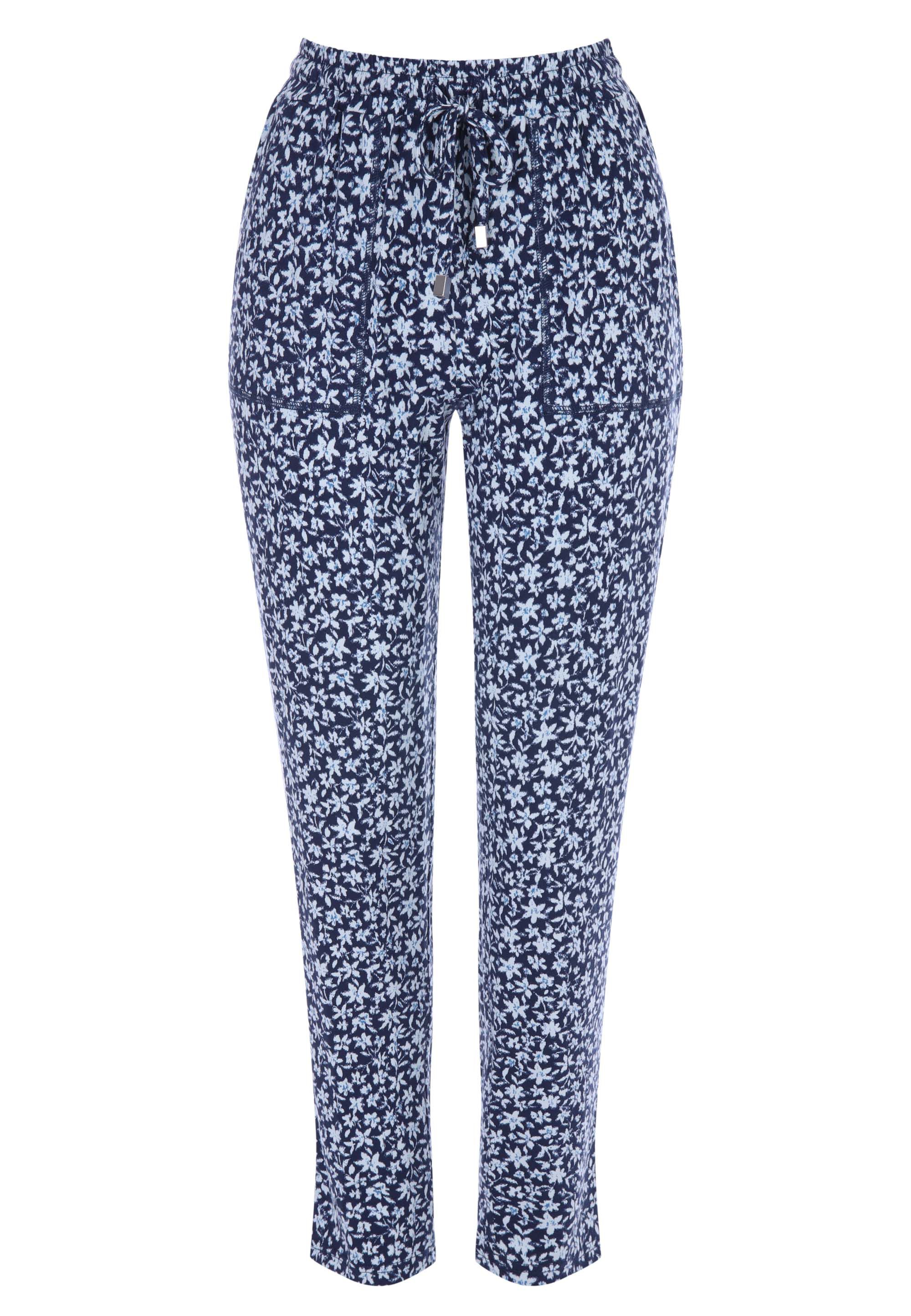 Womens Blue Floral Print Relaxed Cropped Trousers