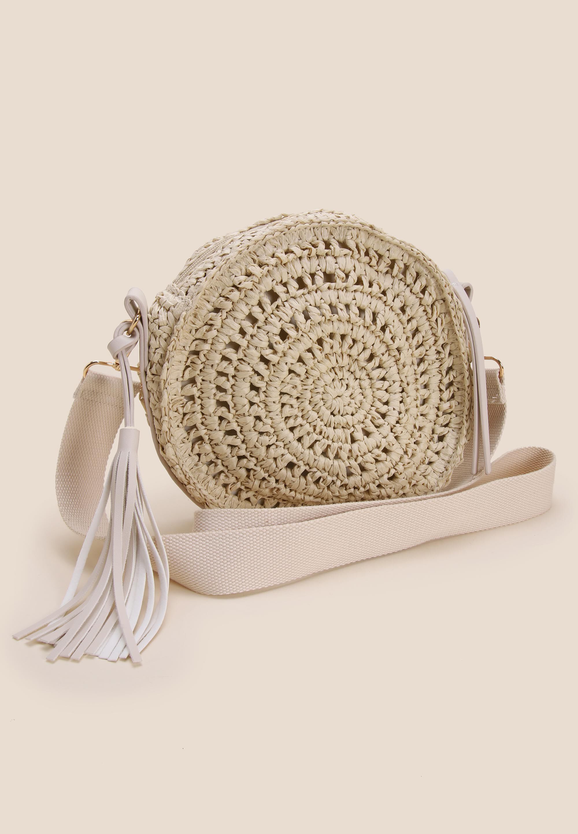 Womens Natural Straw Round Tassel Shoulder Bag