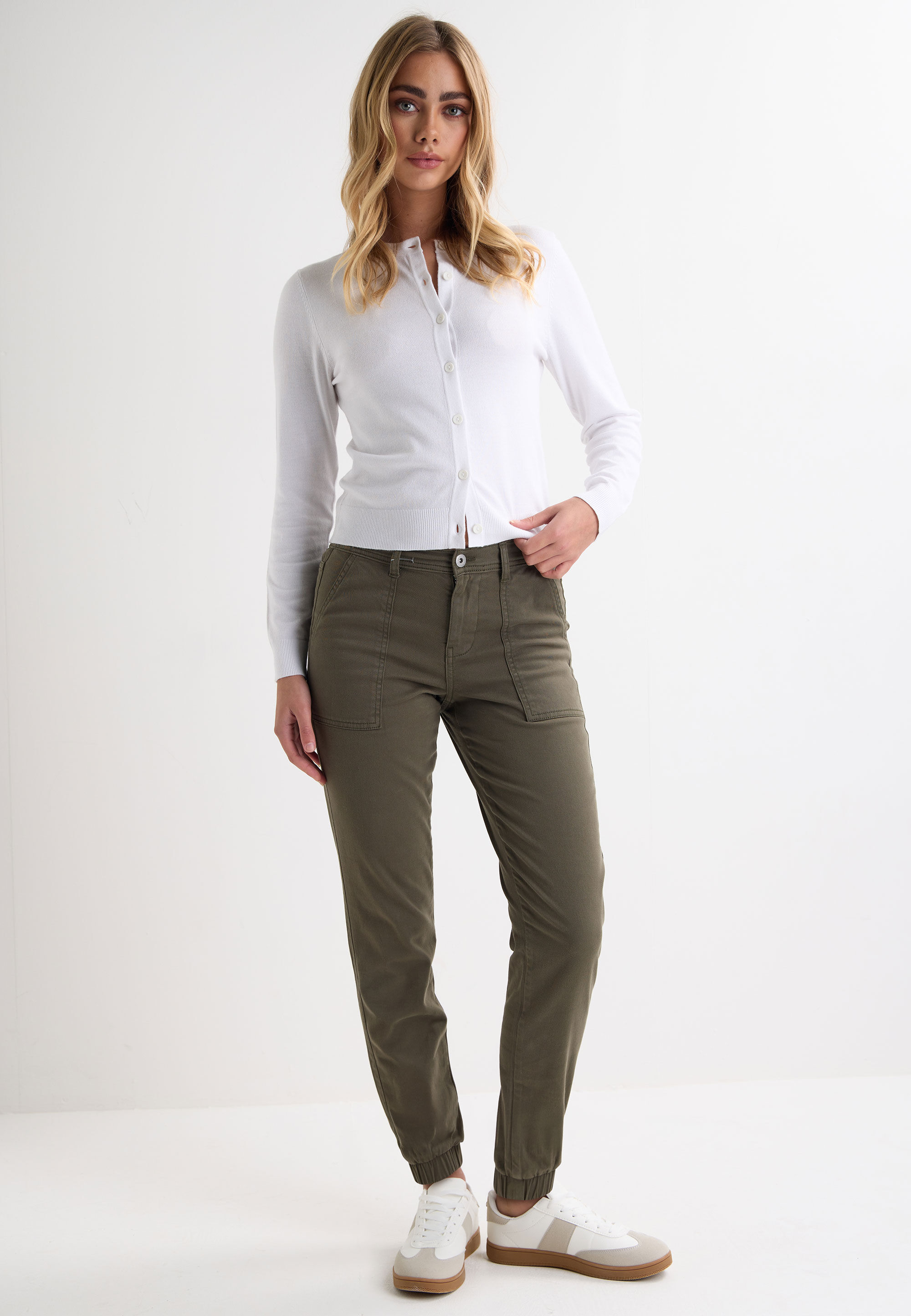Womens Khaki Plain Cuffed Trousers