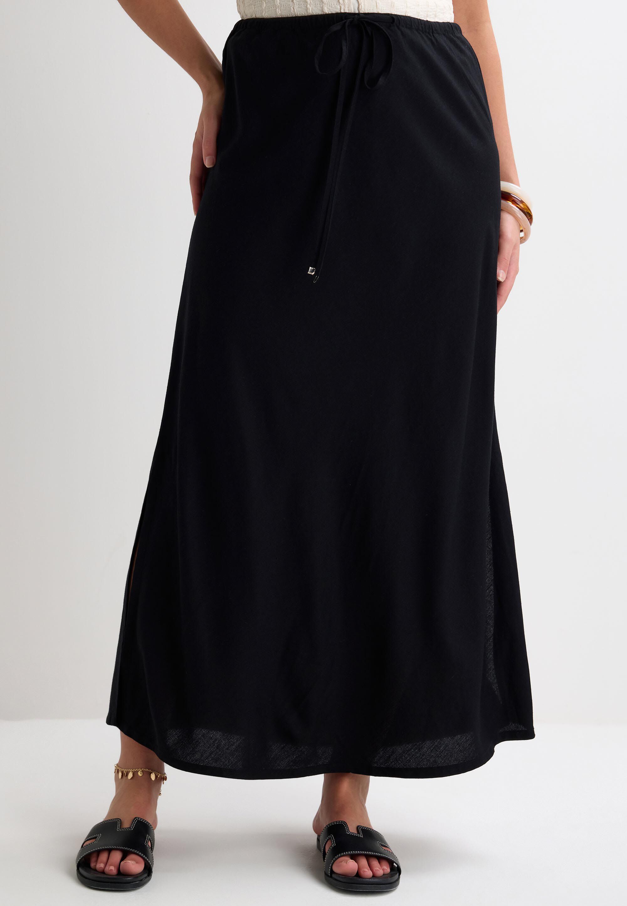Womens Black Plain Linen Midi Skirt