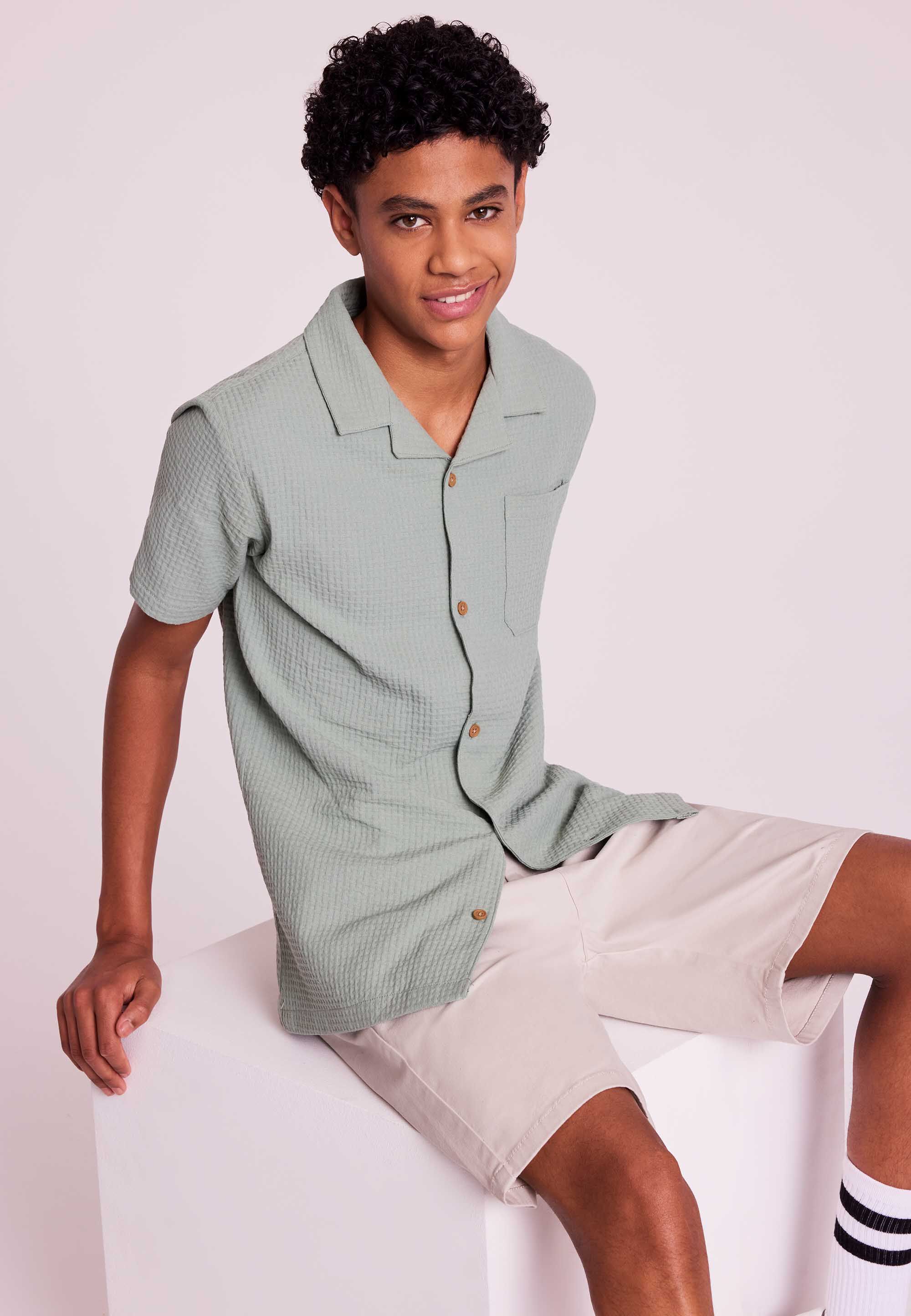 Older Boys Green Waffle Texture Short Sleeve Shirt