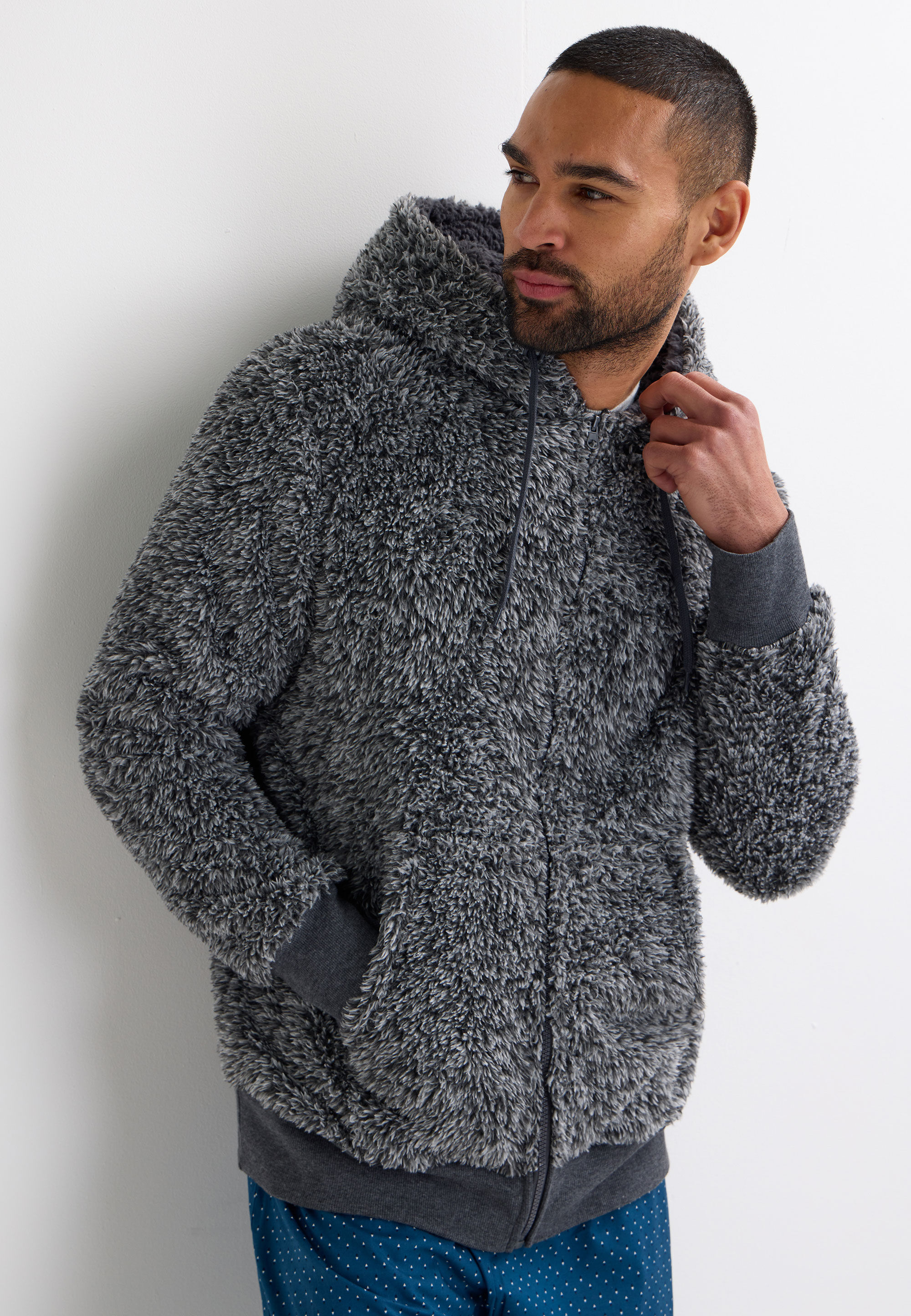 Mens Grey Sherpa Zip Through Hoody