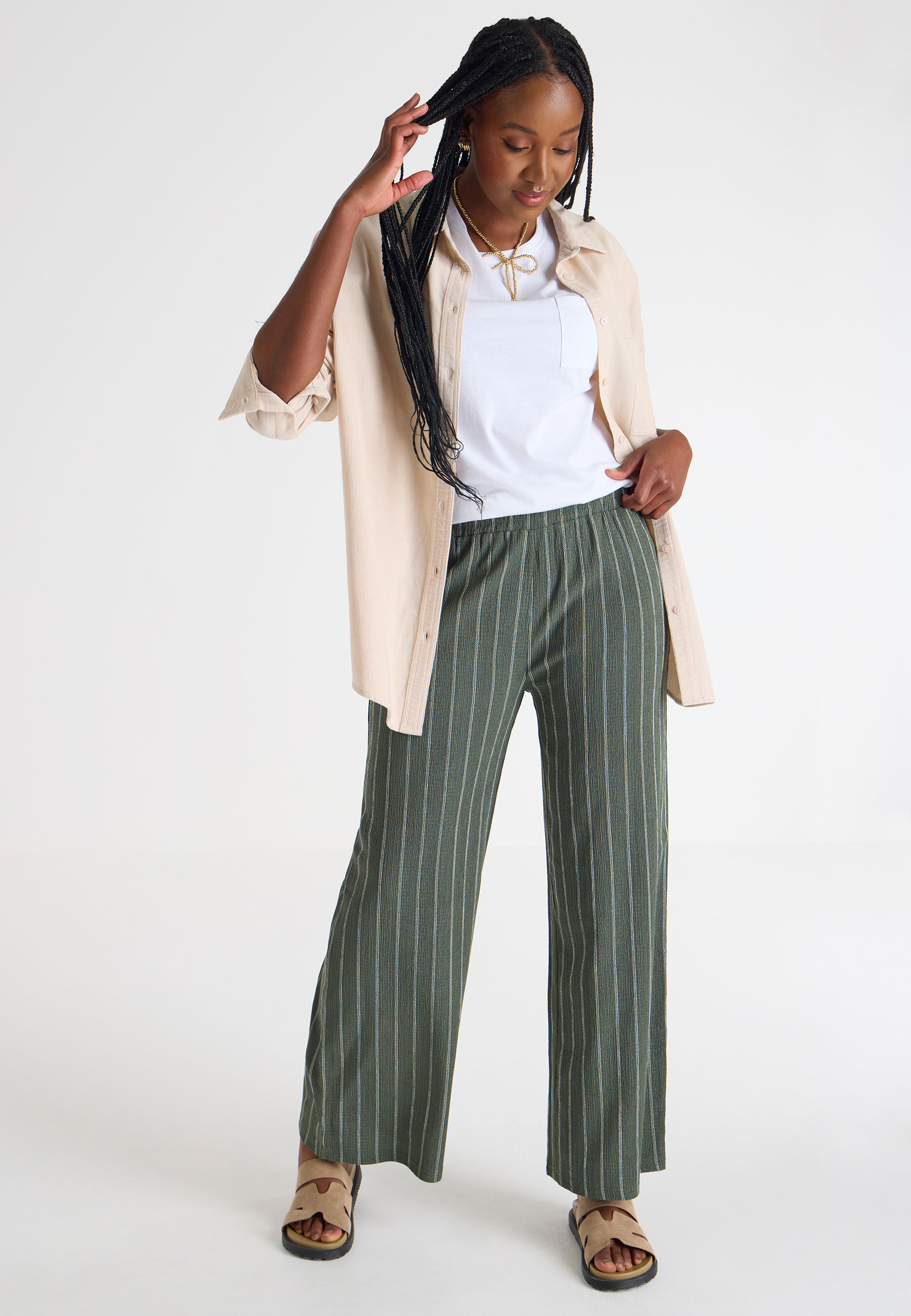 Womens Khaki Stripe Wide Leg Trousers