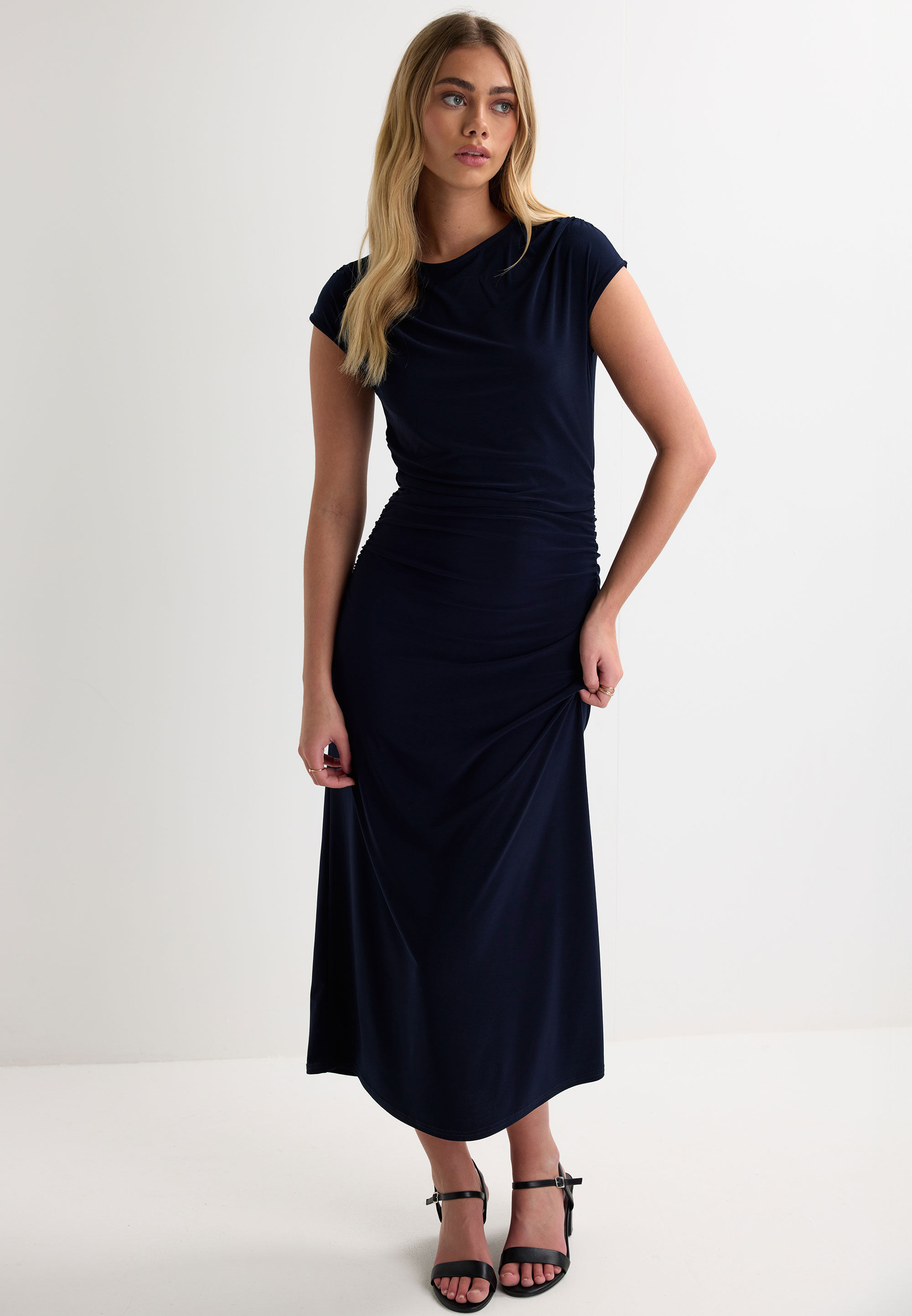 Womens Navy Plain Ruched Sides Midi Dress