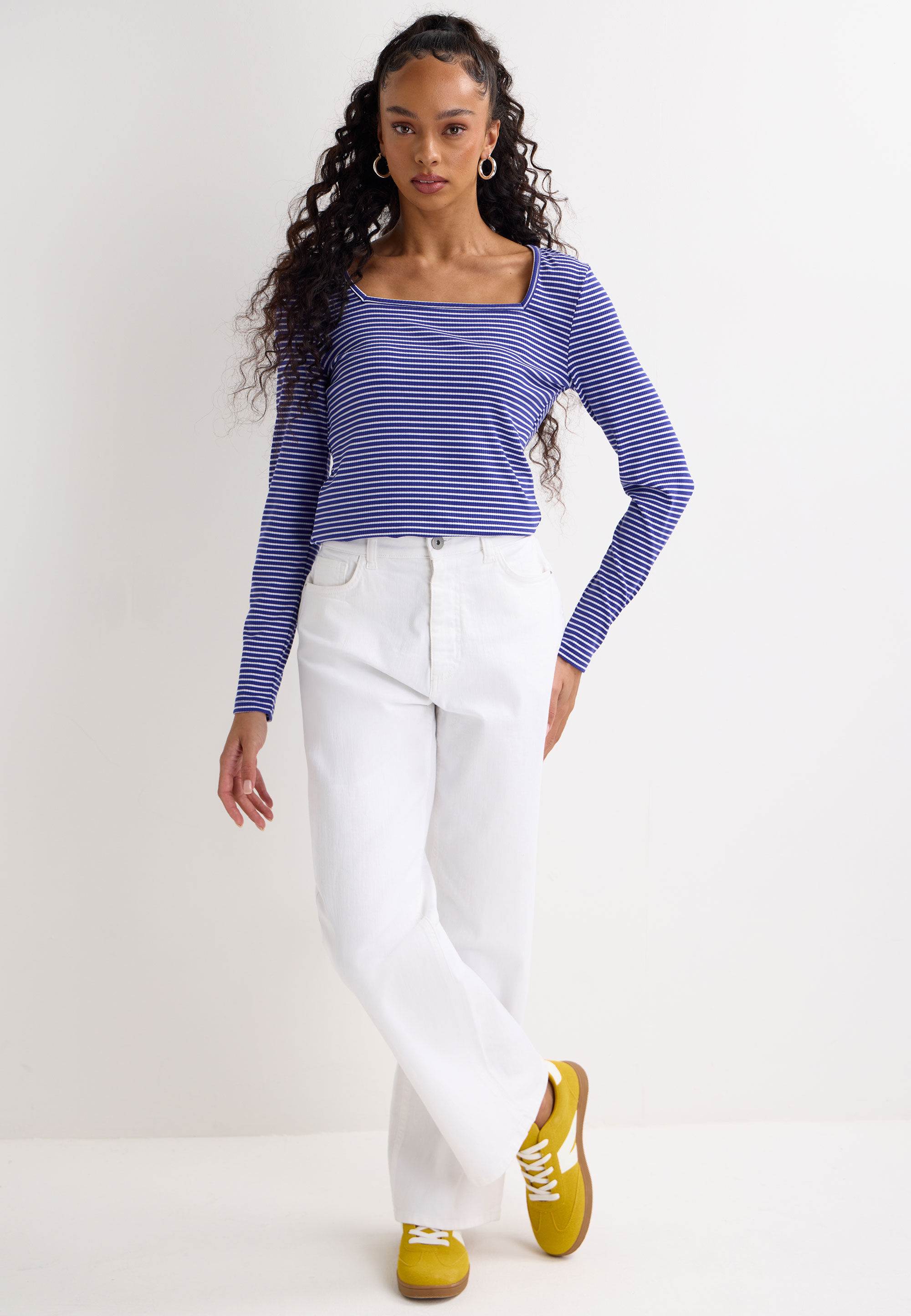 Womens Blue Stripe Square Neck Top