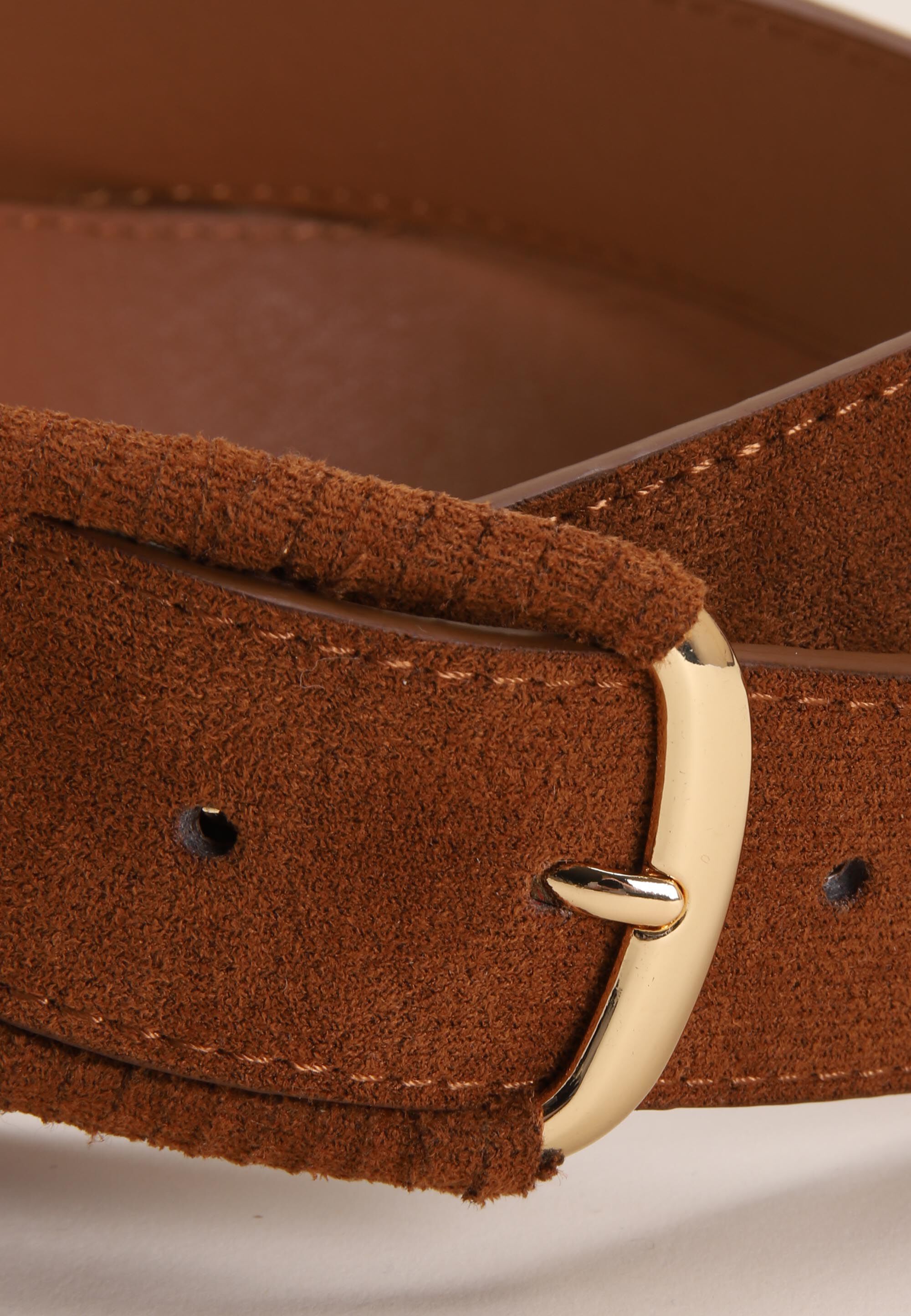 Womens Tan Sueduette & Gold Buckle Belt