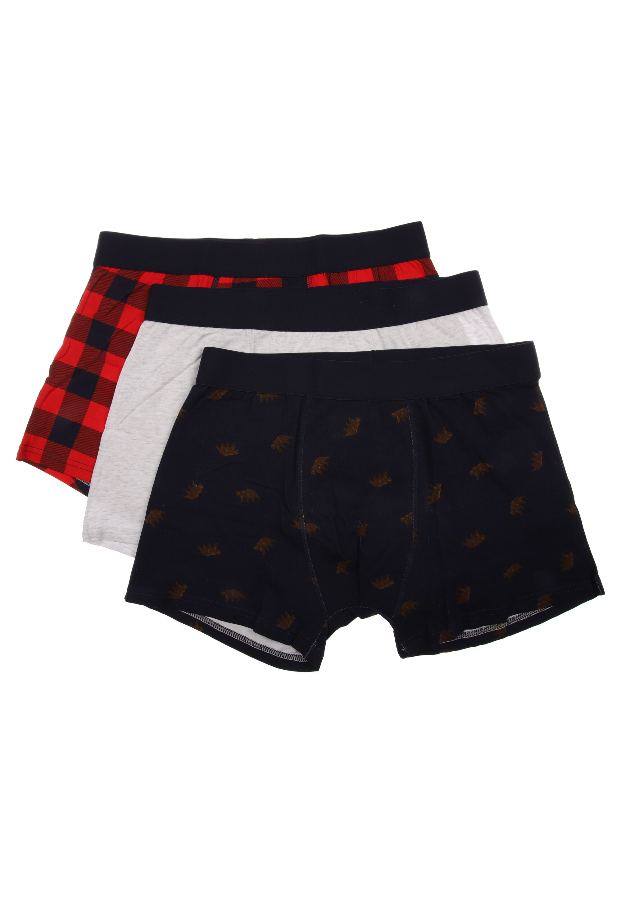 Mens 3pk Navy Bear & Red Check Hipster Stretch Trunks