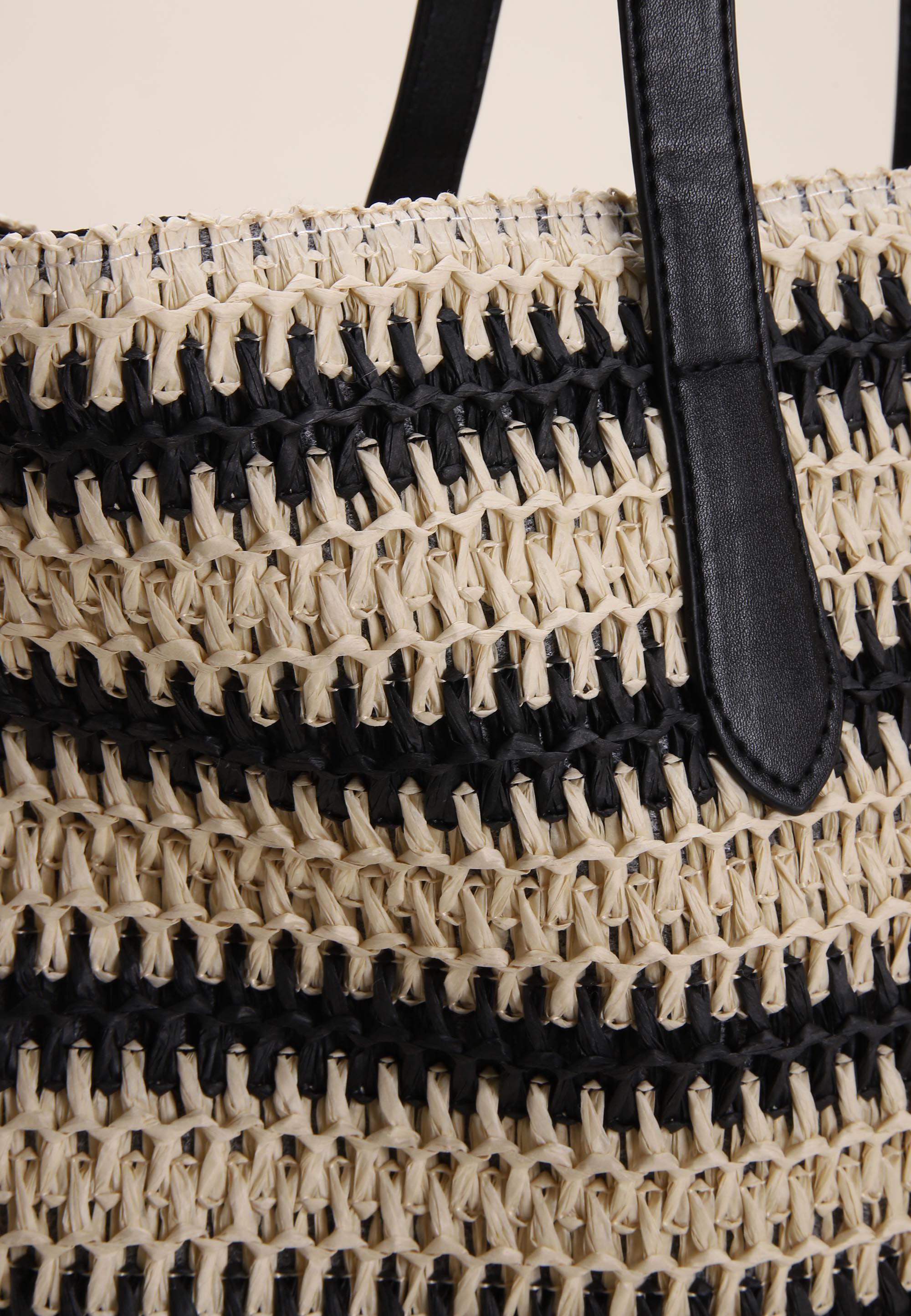 Womens Black Stripe Straw Tote Bag