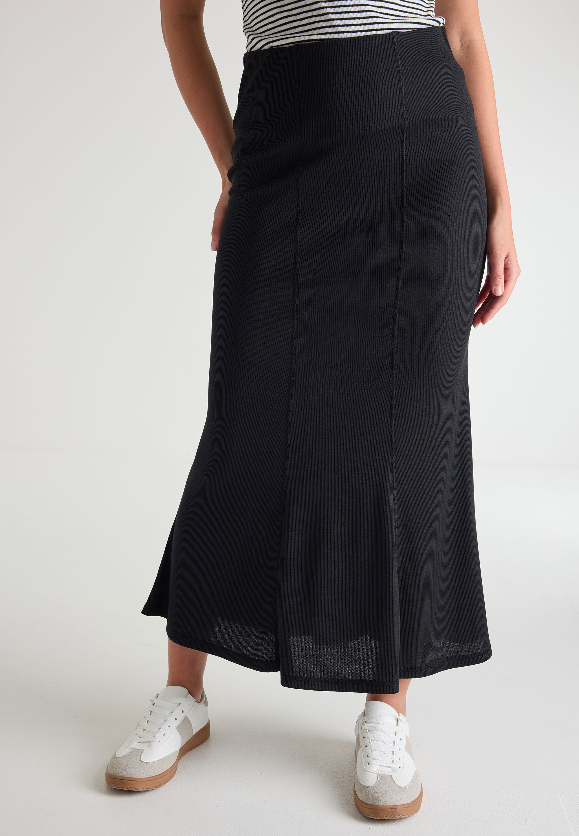 Womens Black Rib Fishtail Midi Skirt