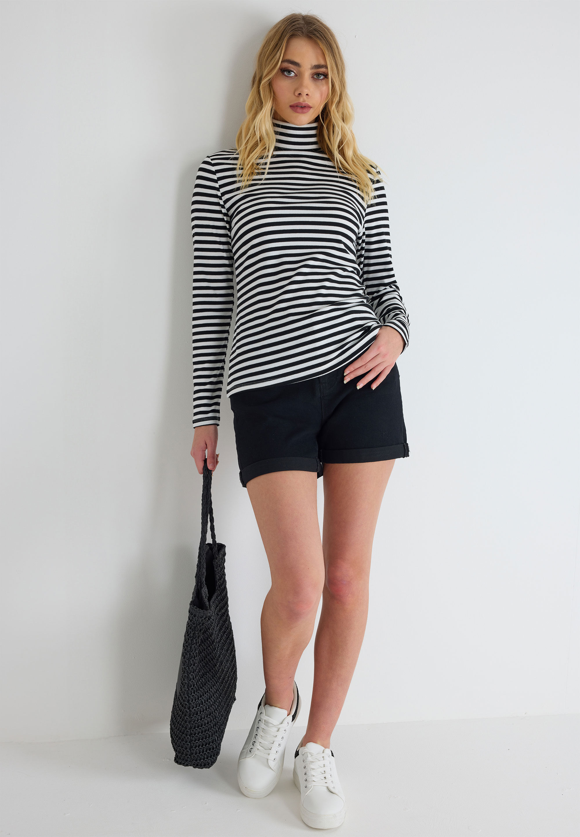 Womens Monochrome Narrow Stripe Roll Neck Top