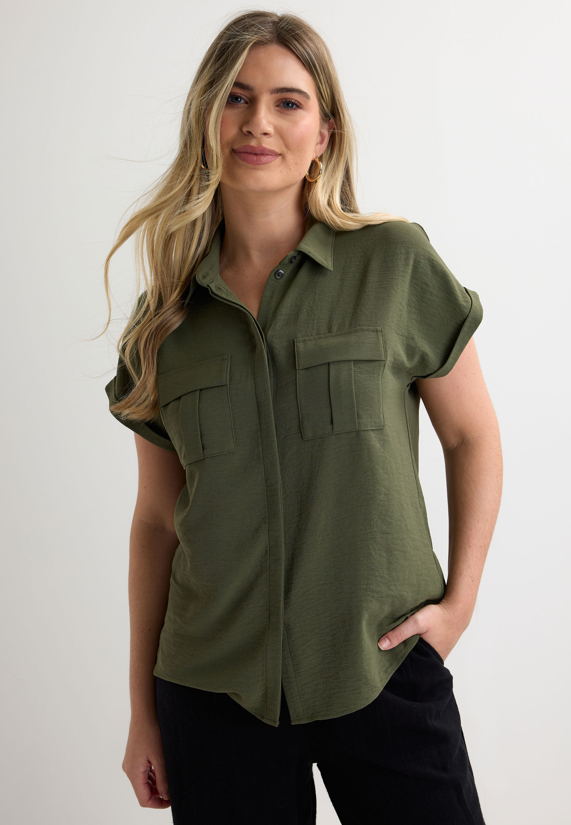 Womens Khaki Plain Utility Short Sleeve Shirt