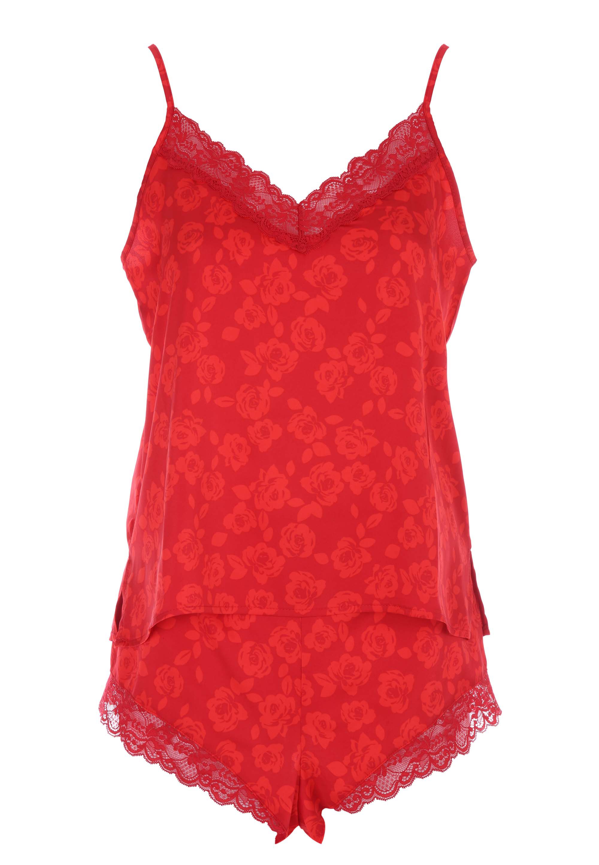 Womens Red Rose Print Satin Pyjama Set