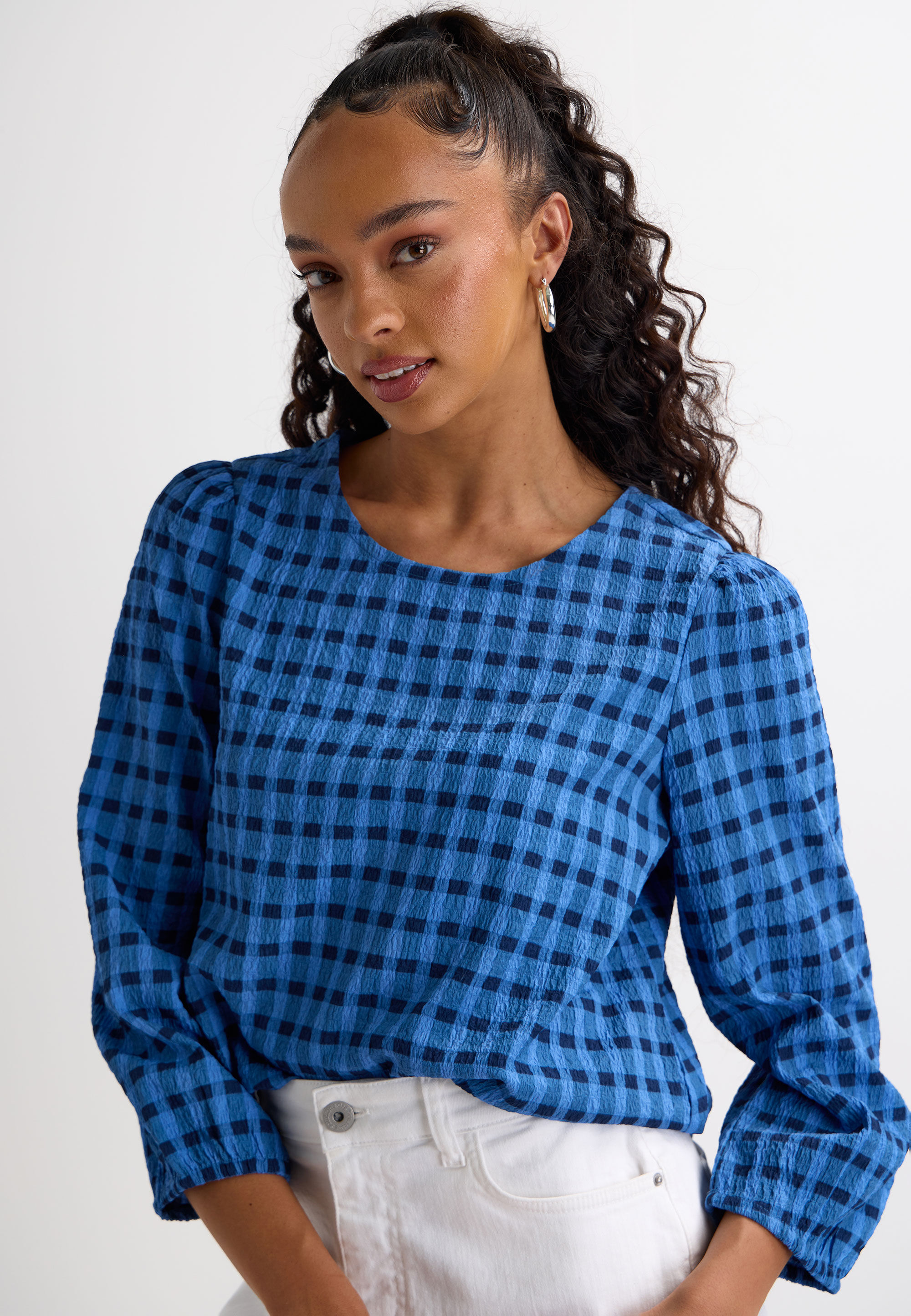 Womens Blue Gingham Checked Long Sleeve Top