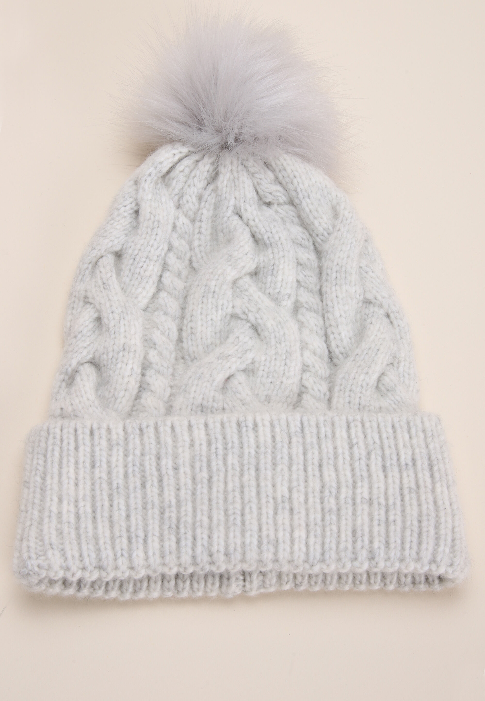 Womens Grey Cable Bobble Beanie Hat