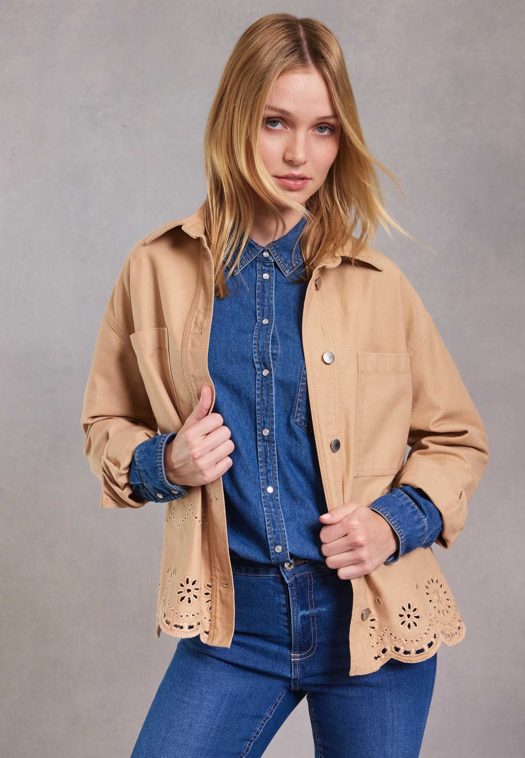 Womens Tan Twill Floral Laser Cut Jacket