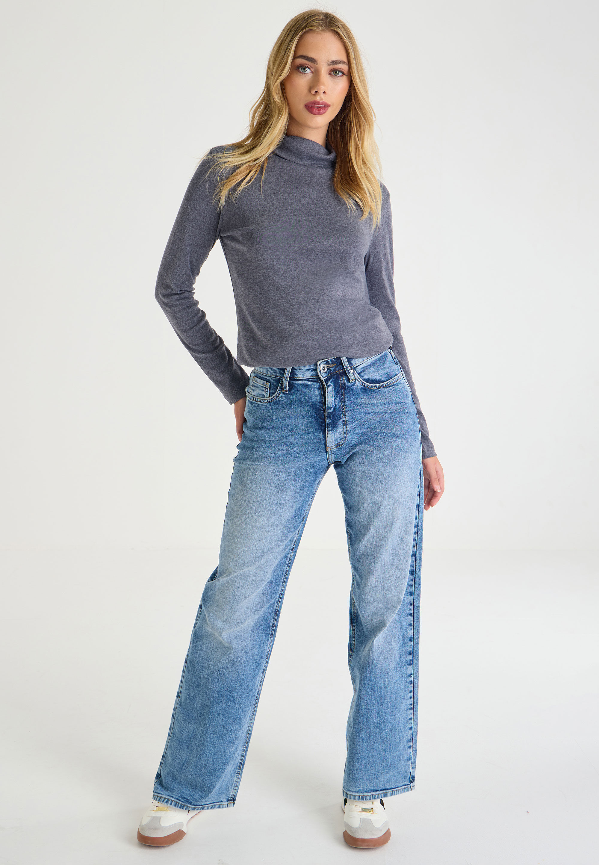 Womens Dark Grey Plain Long Sleeve Roll Neck Top