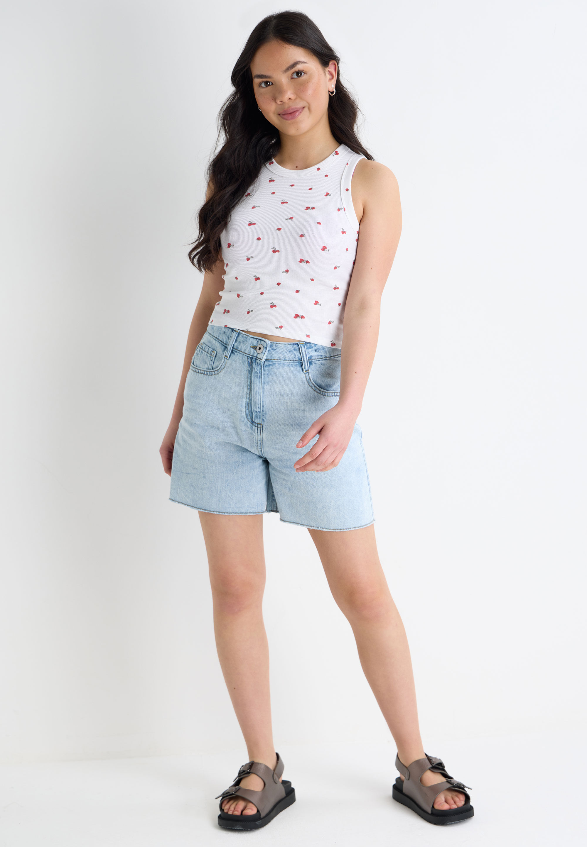 Older Girls White Strawberry Print Vest Top