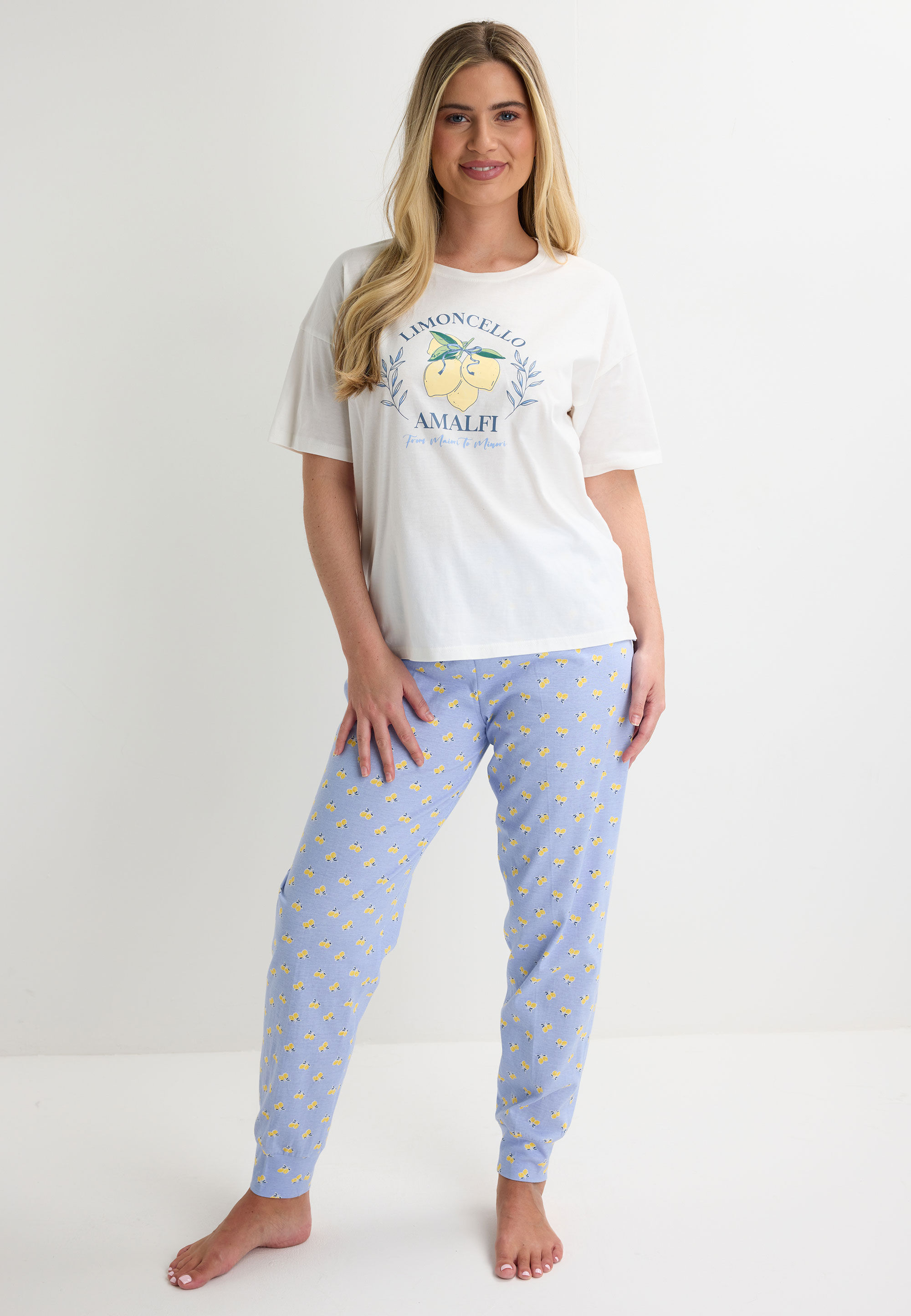 Womens Blue Amalfi Lemon Jersey Pyjama Set