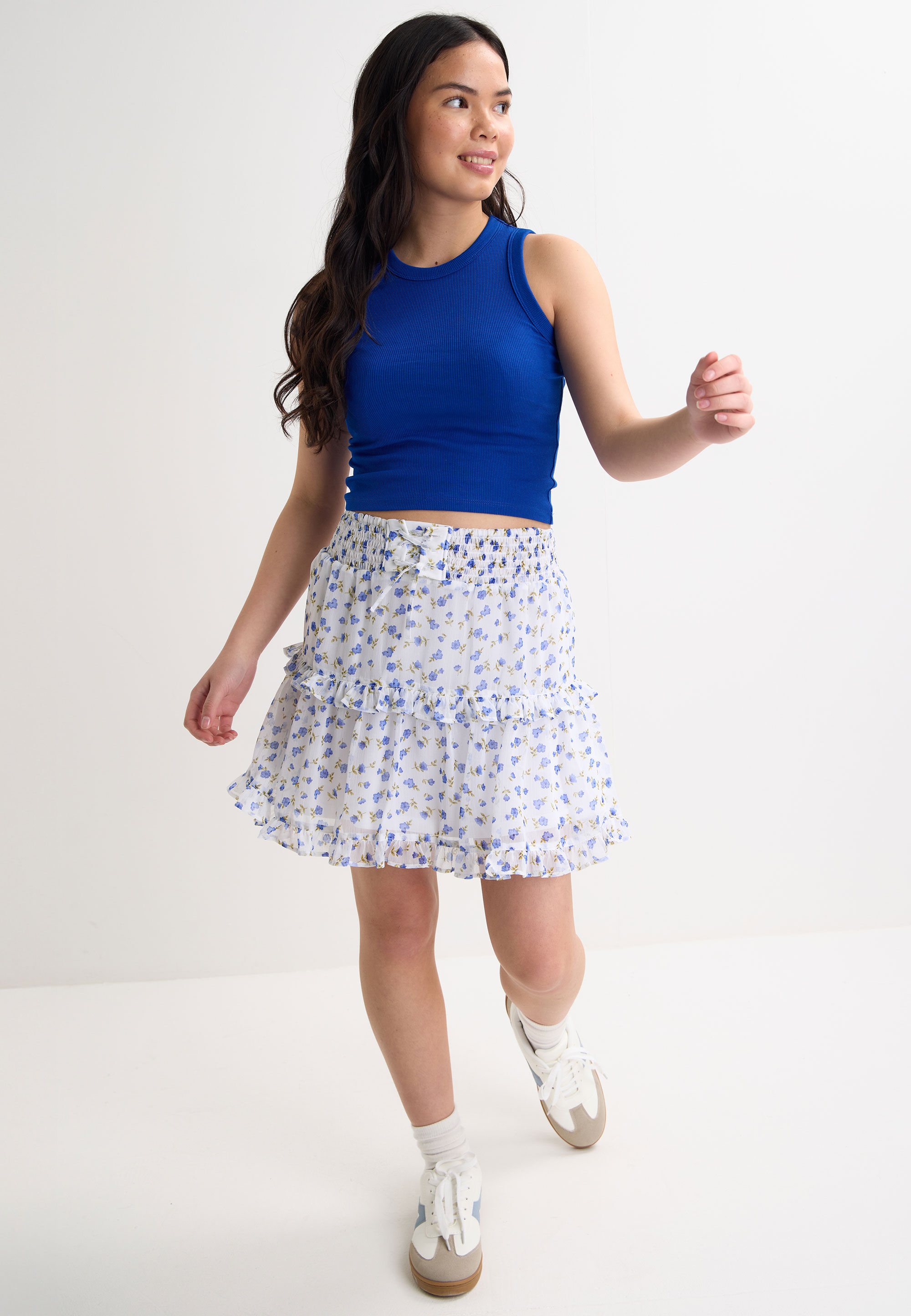 Older Girls White & Blue Floral Chiffon Ra-Ra Skirt