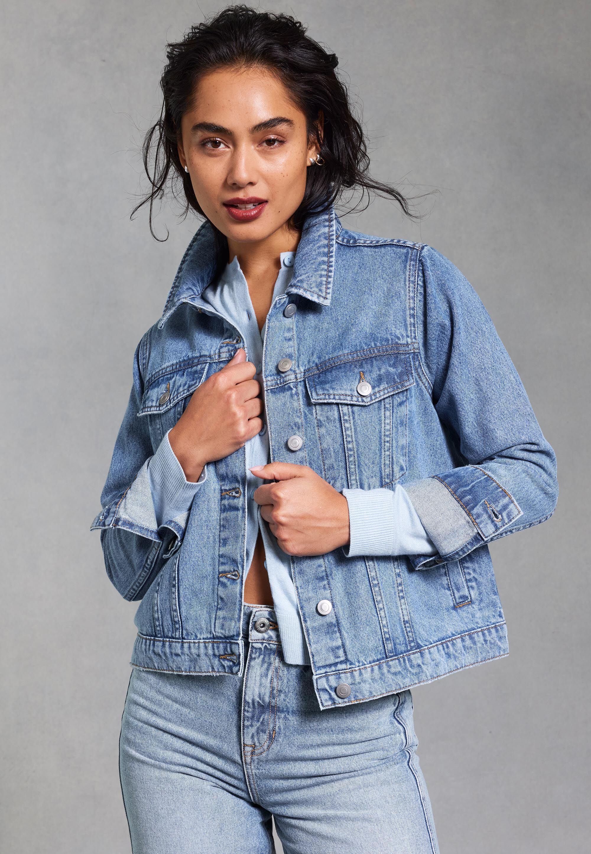 Womens Mid Blue Wash Plain Denim Jacket