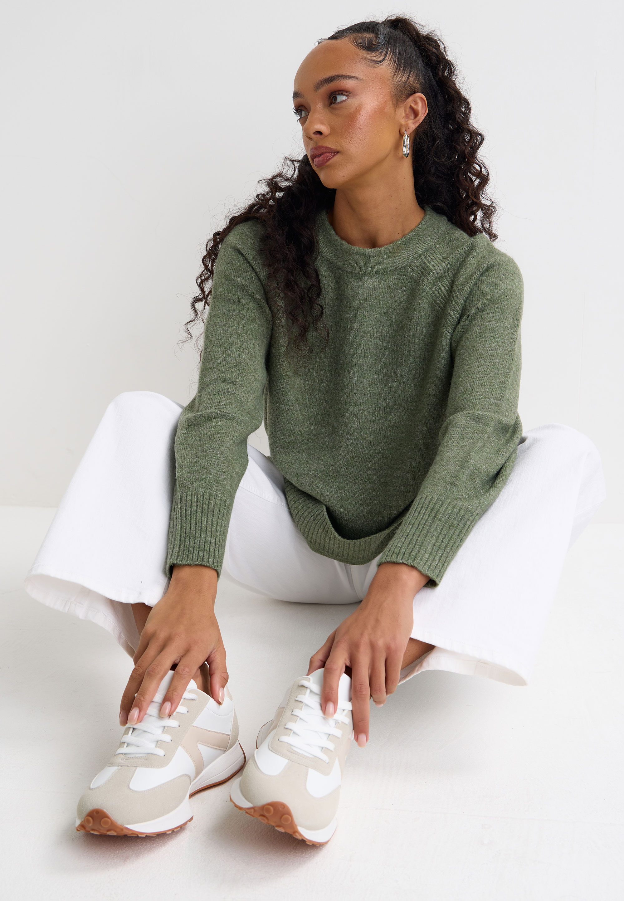 Womens Khaki Side Split Crew Neck Jumper
