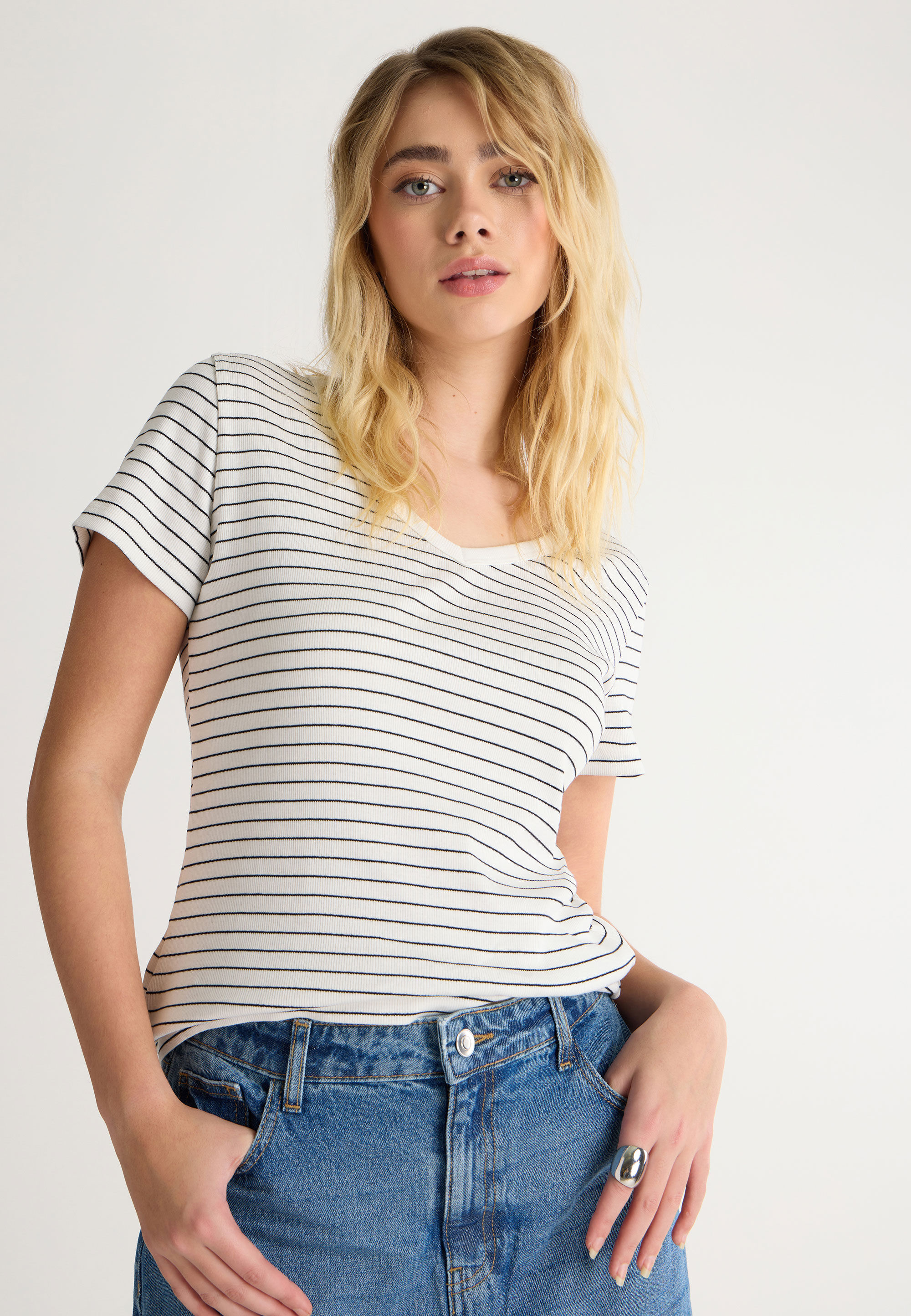 Womens Black & White Rib Stripe Tee