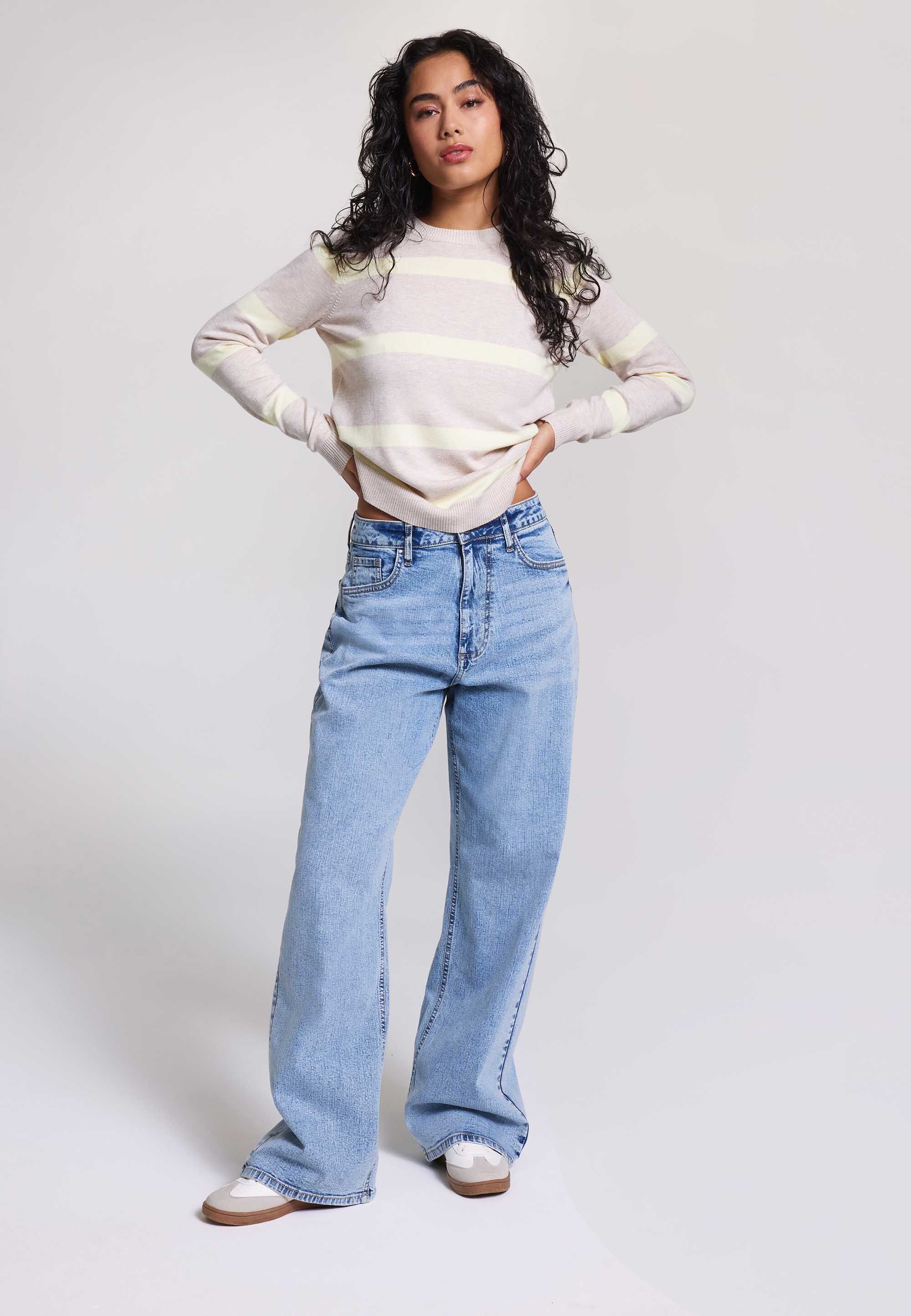 Womens Natural & Yellow Stripe Crew Neck Jumper