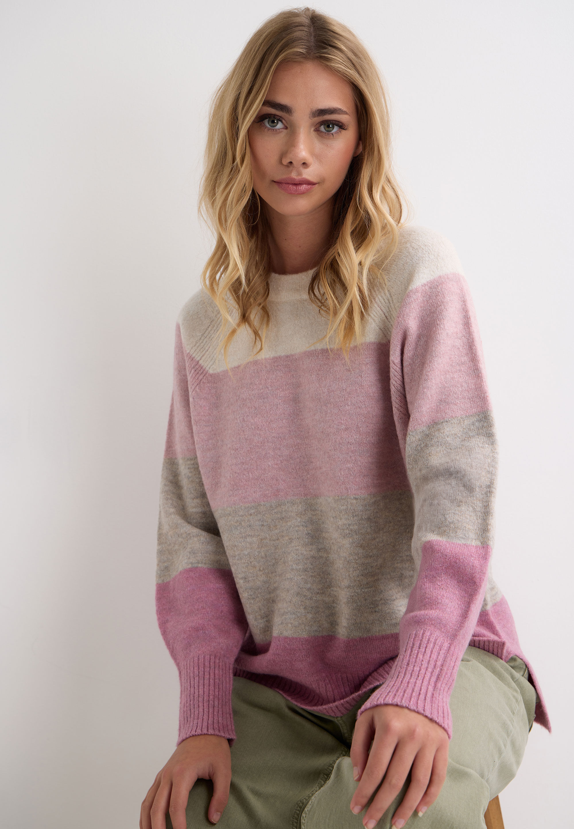 Womens Pink & Cream Colourblock Stripe Jumper