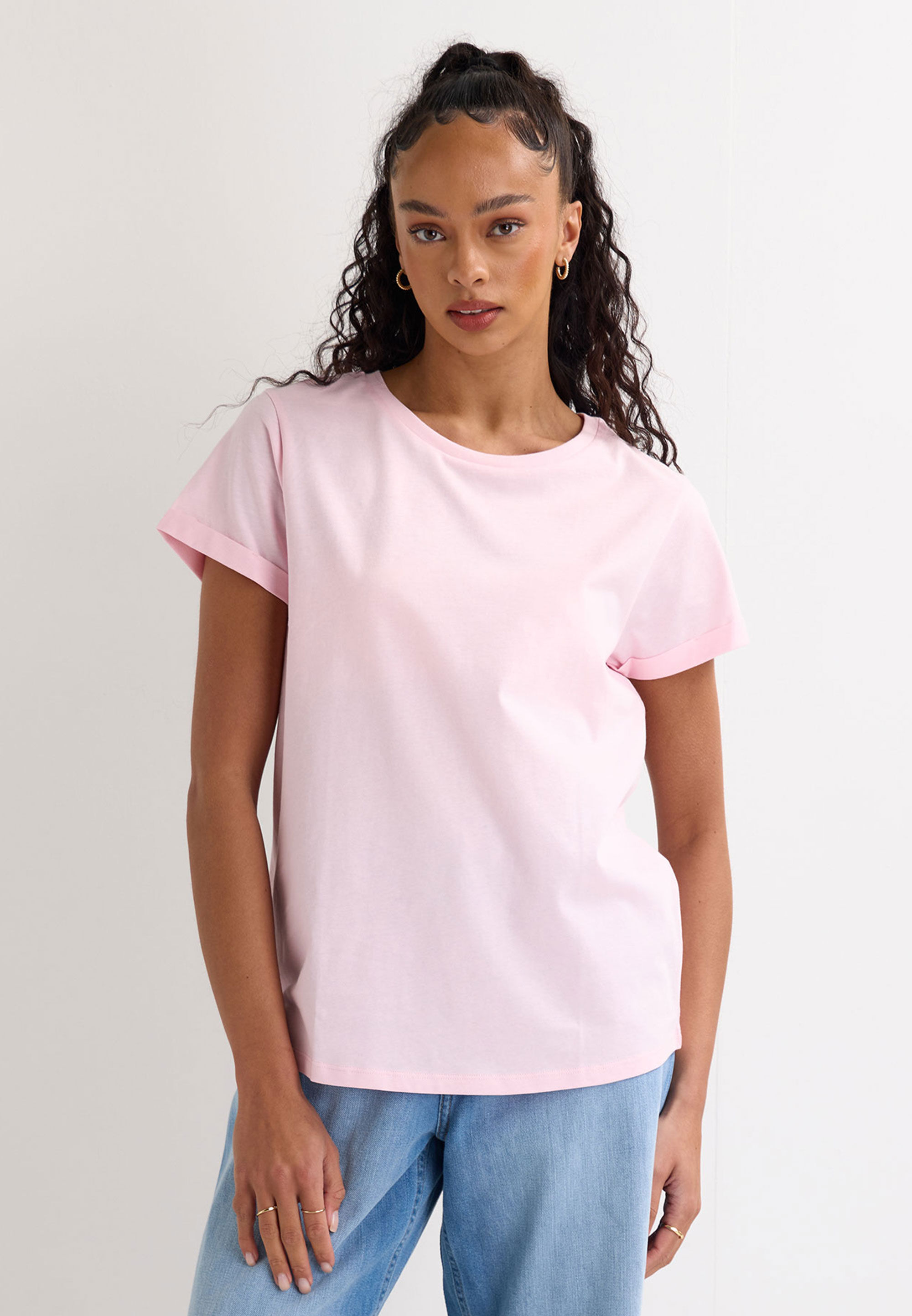 Womens Pink Plain Roll Sleeve T-shirt