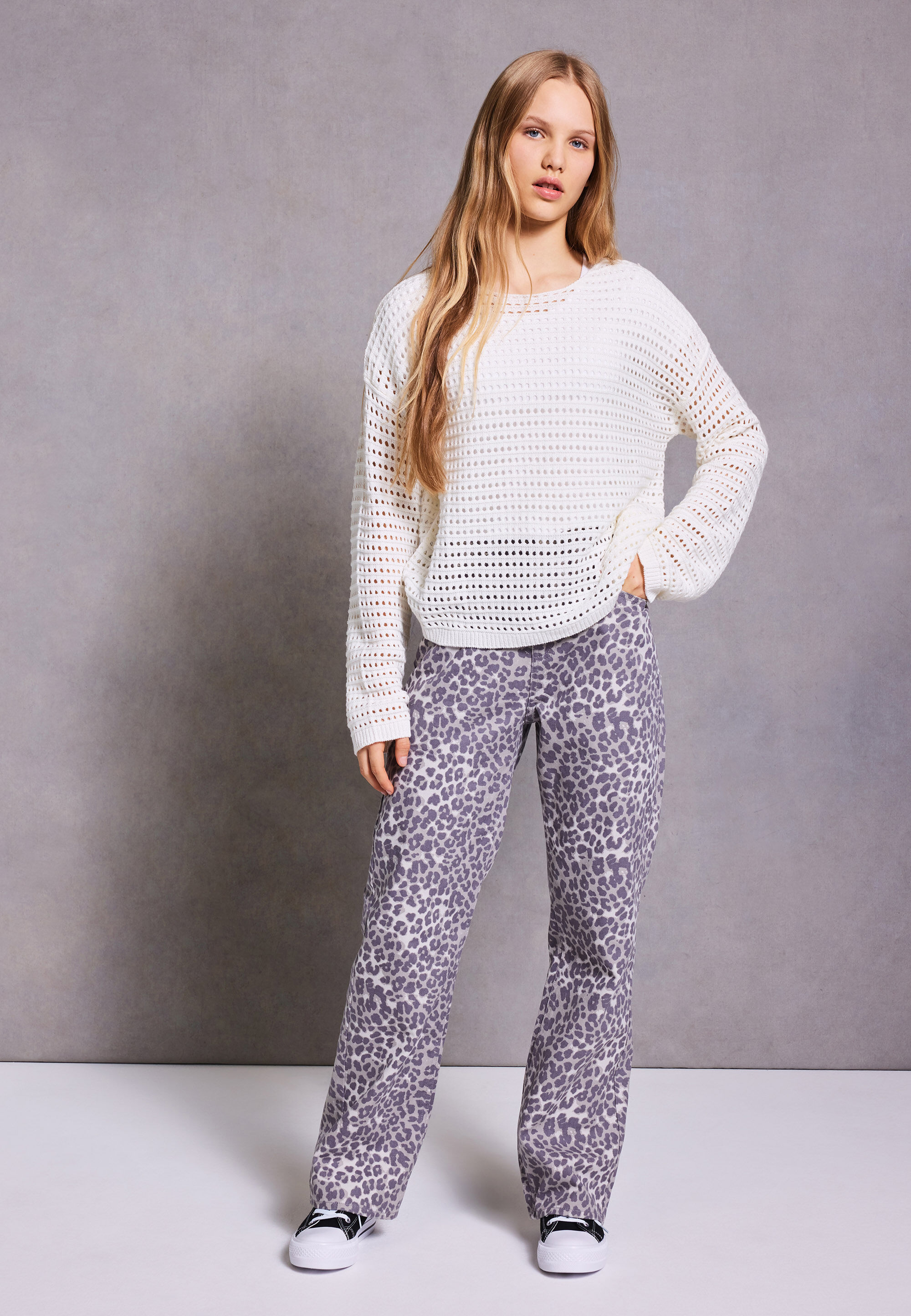 Older Girls Grey Leopard Straight Jeans