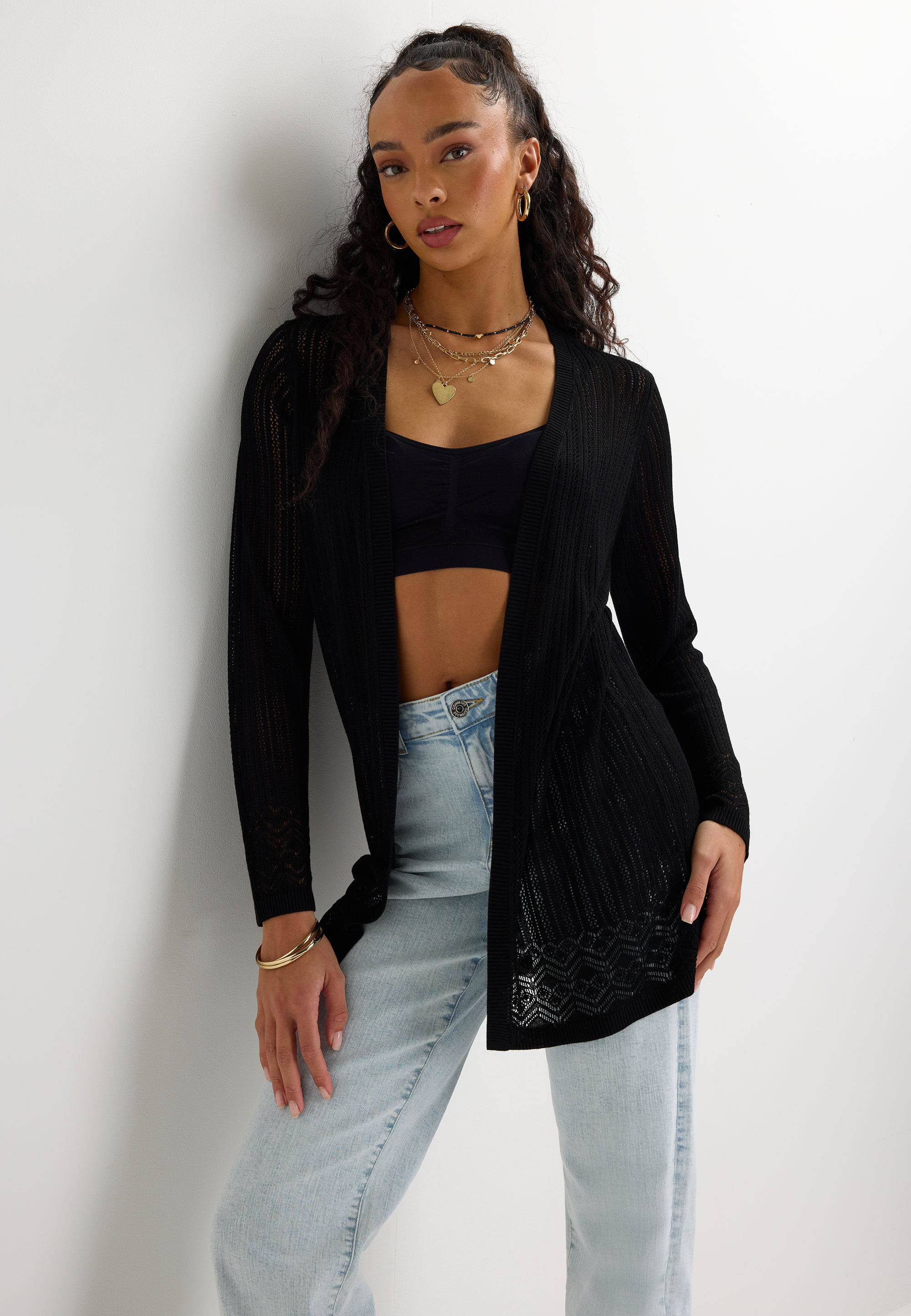 Womens Black Pointelle Longline Cardigan