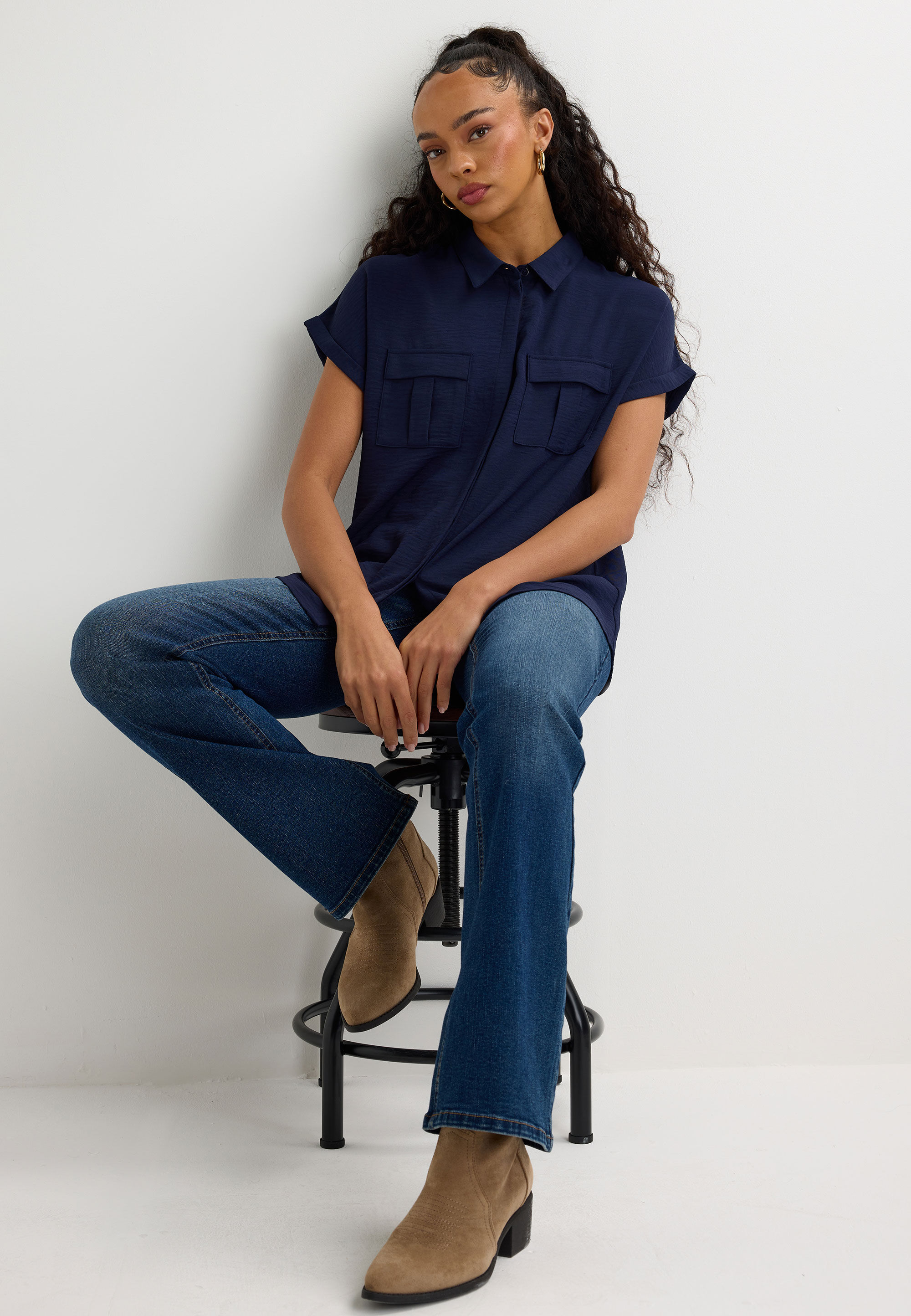 Womens Navy Plain Utility Short Sleeve Shirt