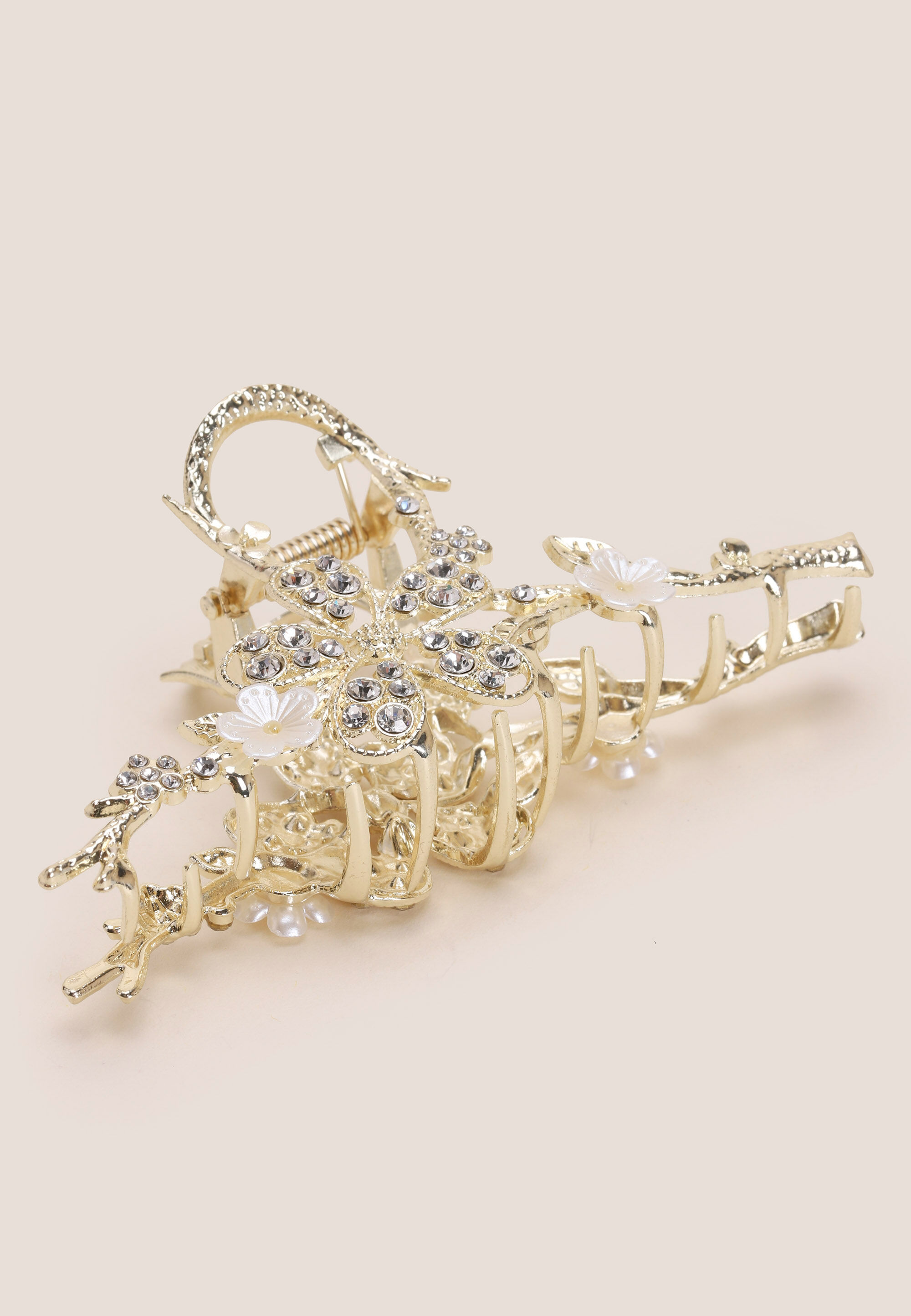 Womens Gold Diamnte Flower Claw Hair Clip