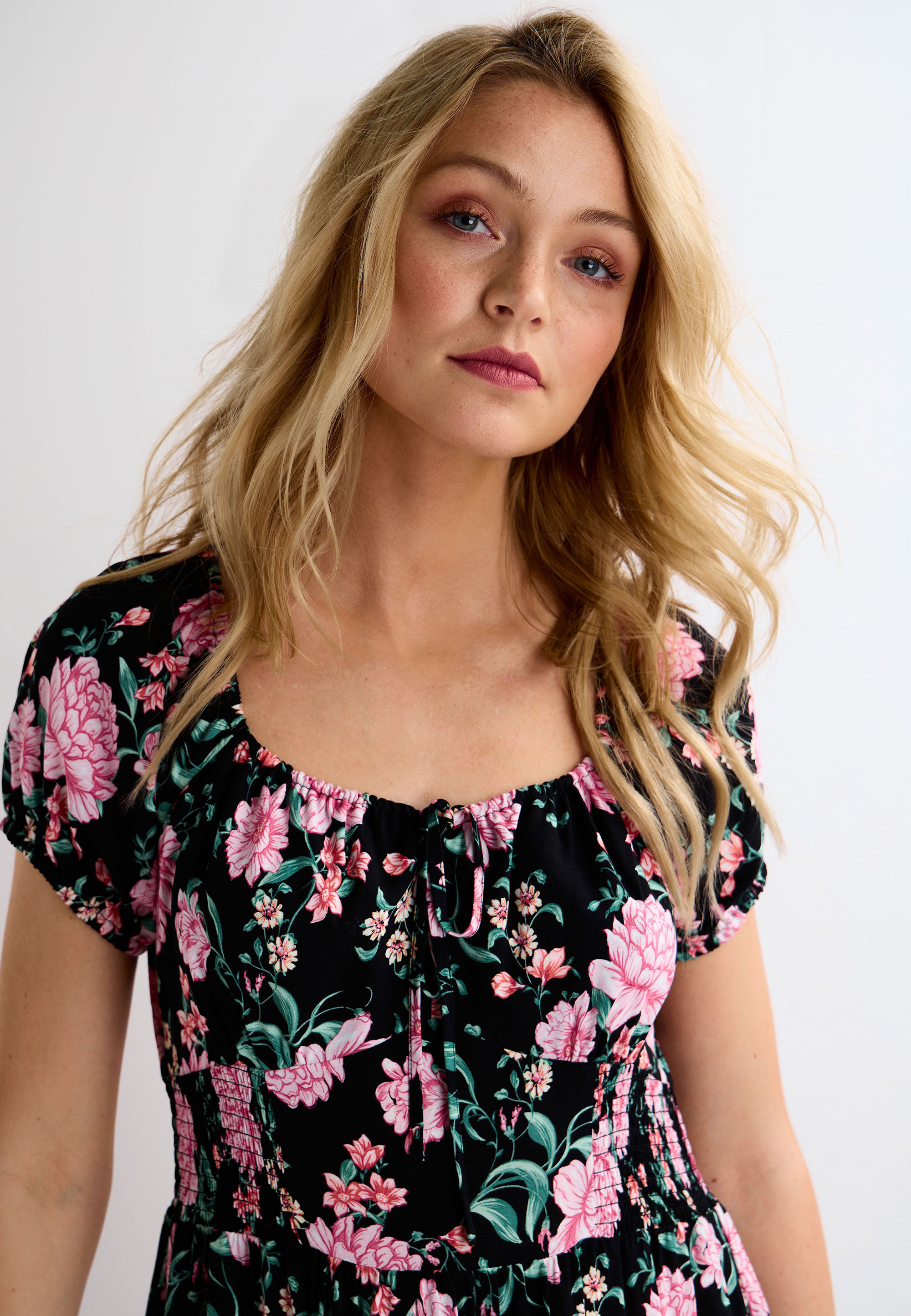 Womens Black & Pink Floral Milkmaid Midi Dress
