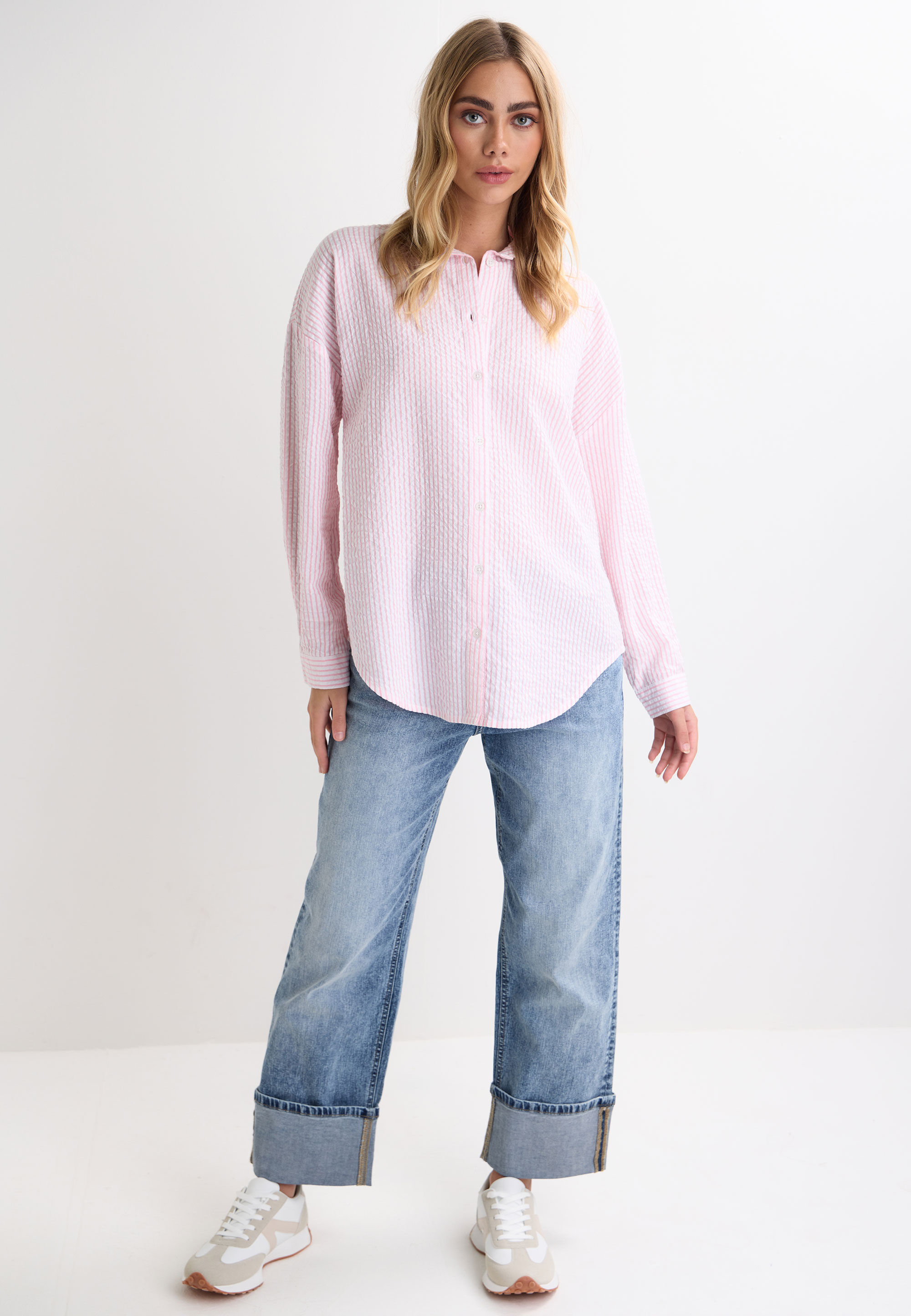 Womens Pink Seersucker Stripe Long Sleeve Shirt