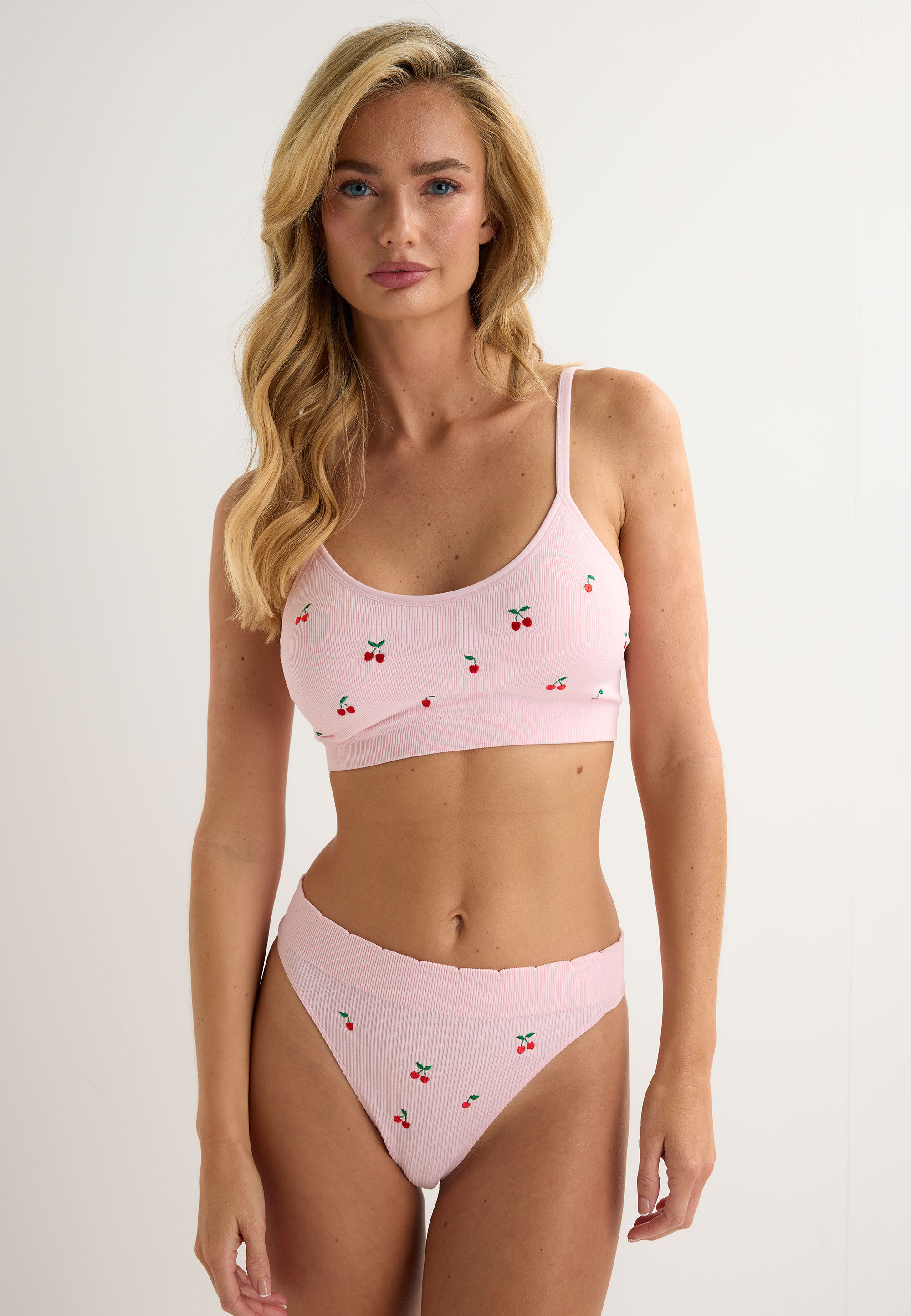 Womens Pink Cherry Embroidery Ribbed Thong