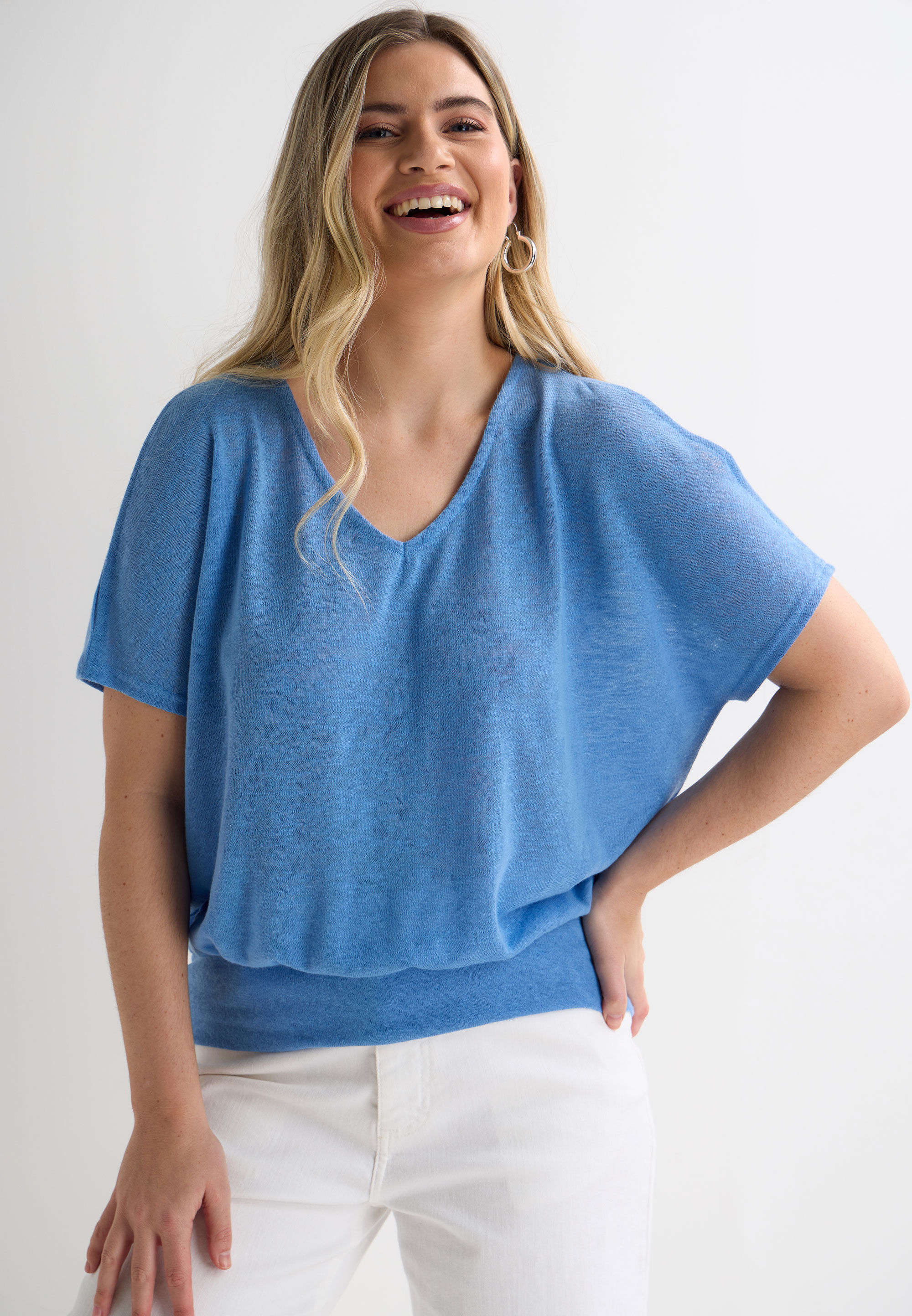 Womens Blue Linen Blend Split Sleeve Top