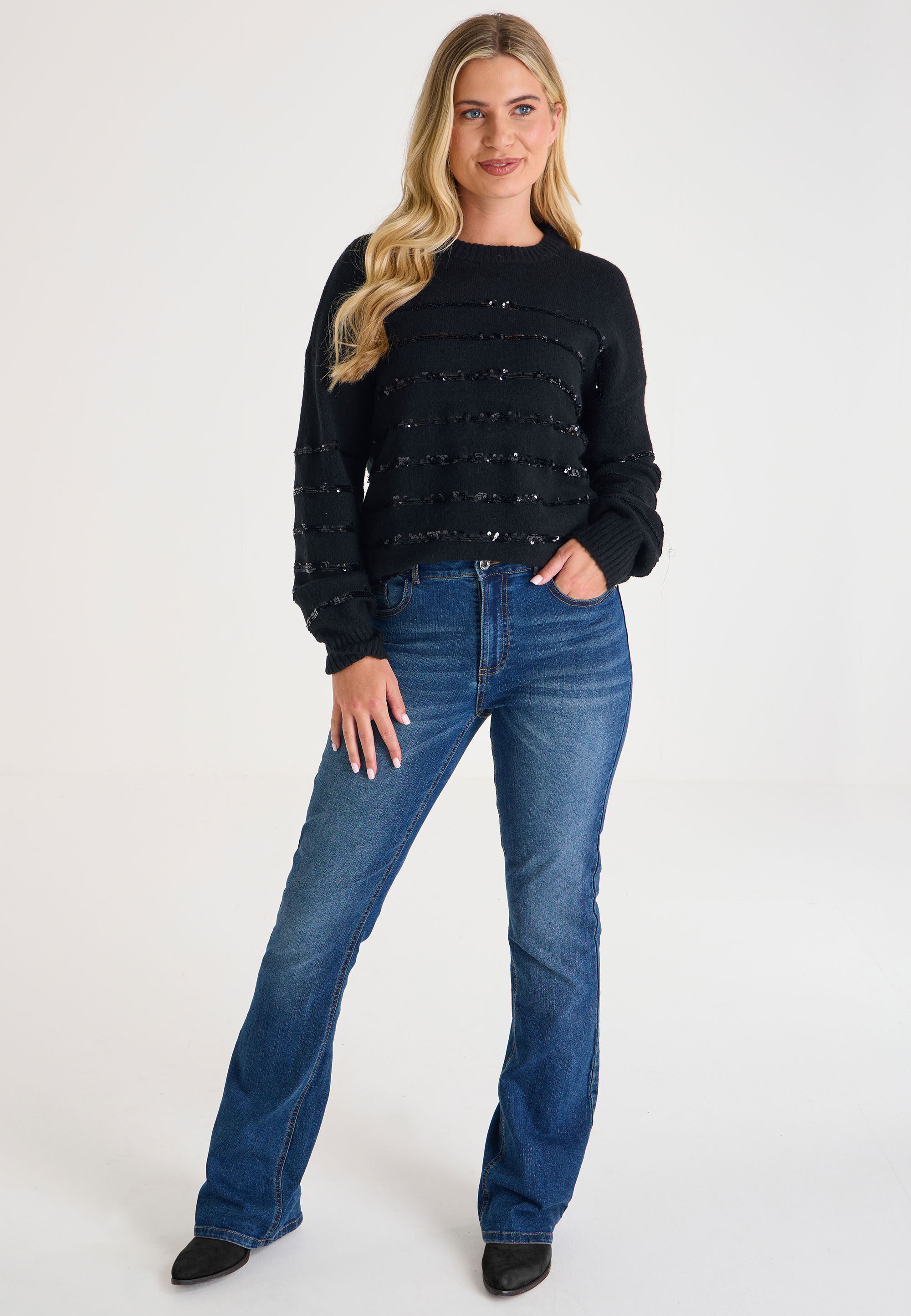 Womens Black Sequin Stripe Jumper