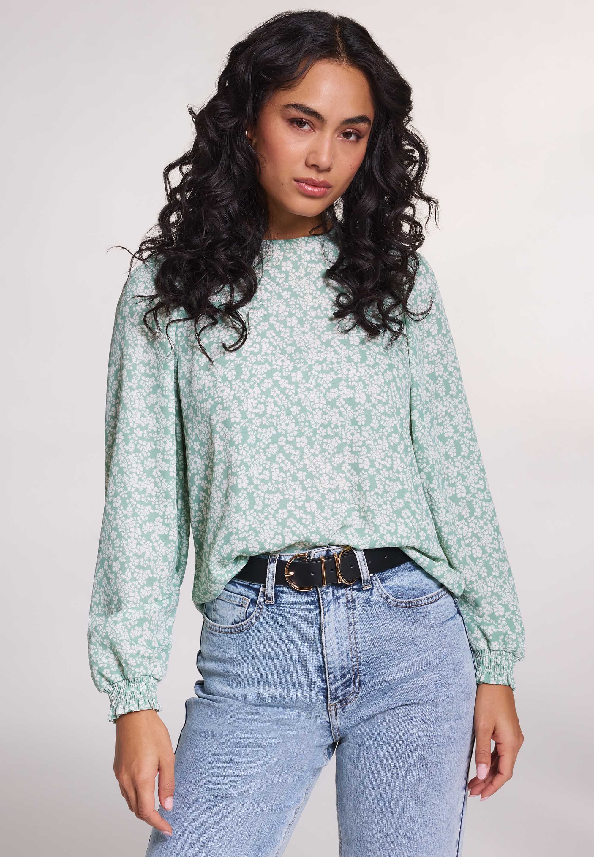 Womens Sage Ditsy Floral Long Sleeve Top
