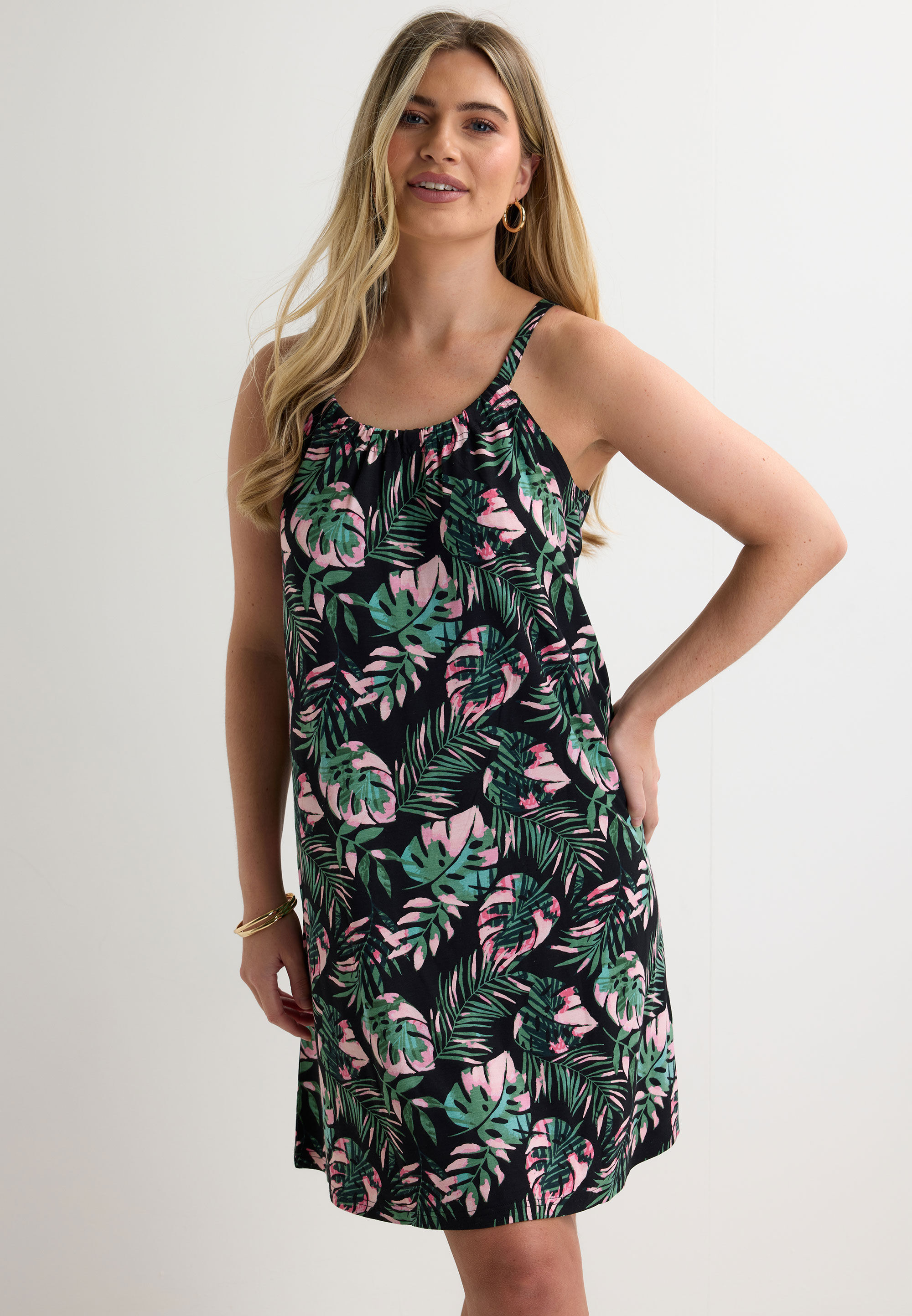 Womens Pink & Black Leaf Print Beach Dress