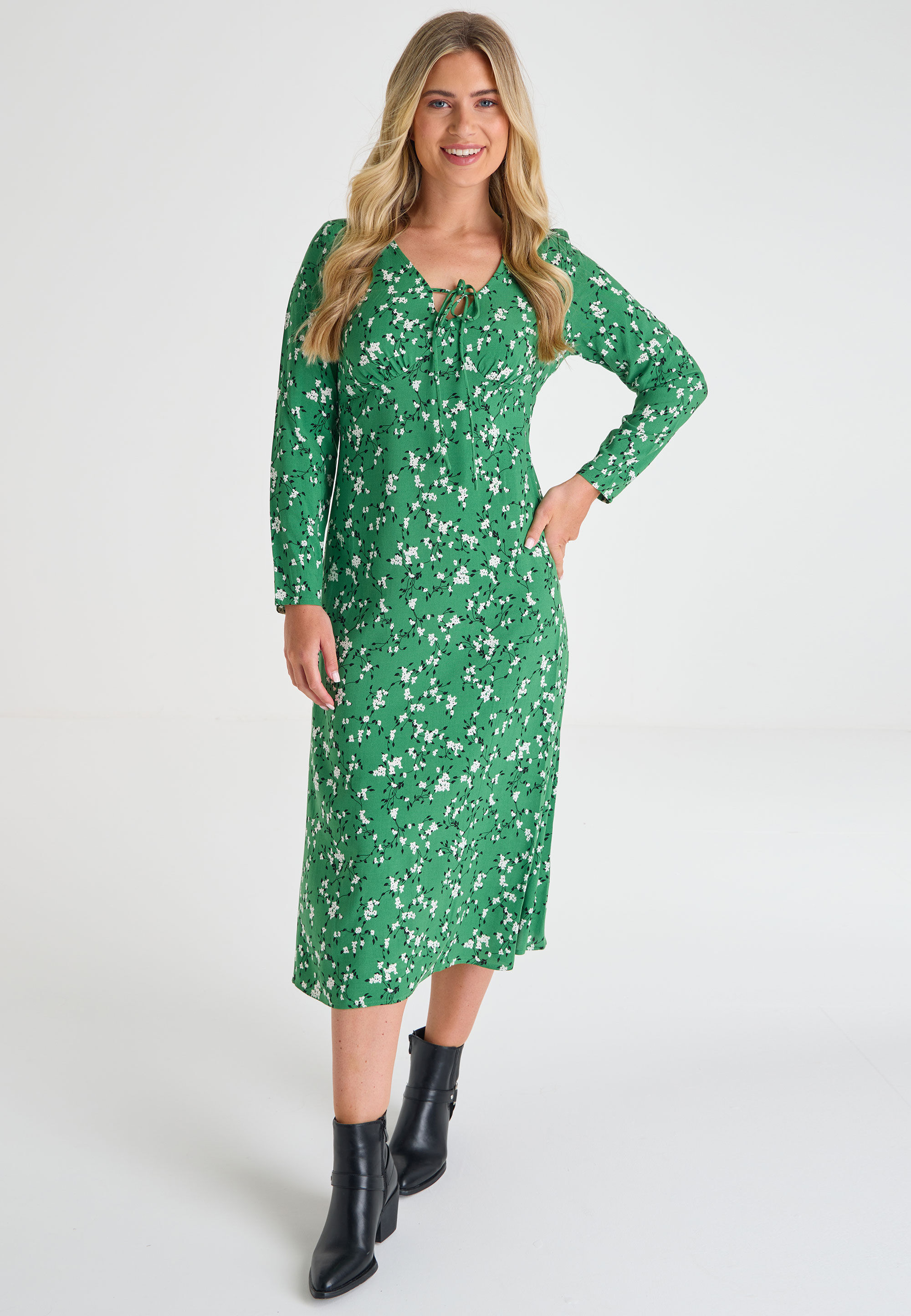 Womens Green Floral Print Midi Dress