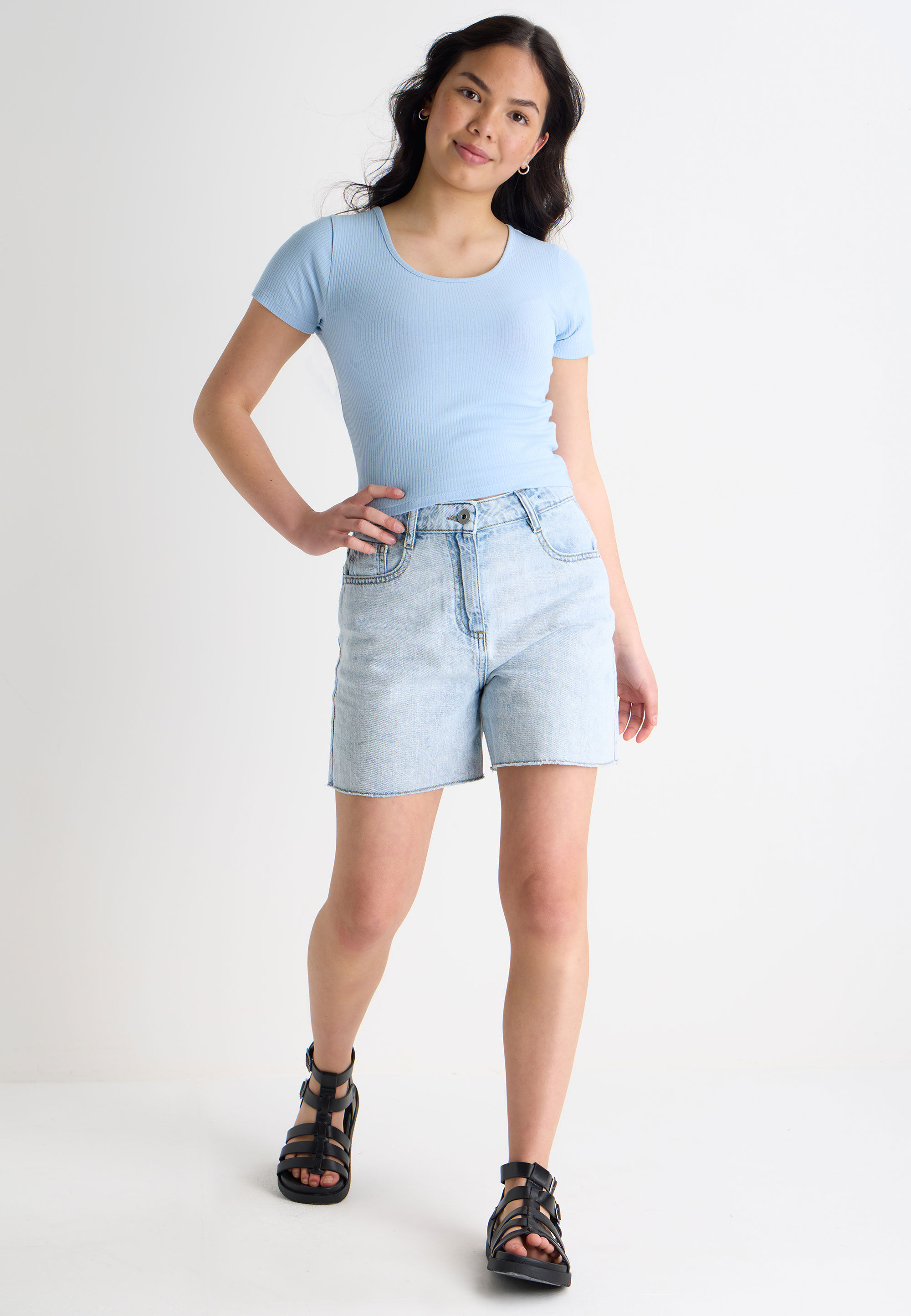 Older Girls Blue Ribbed Scoop Neck Top