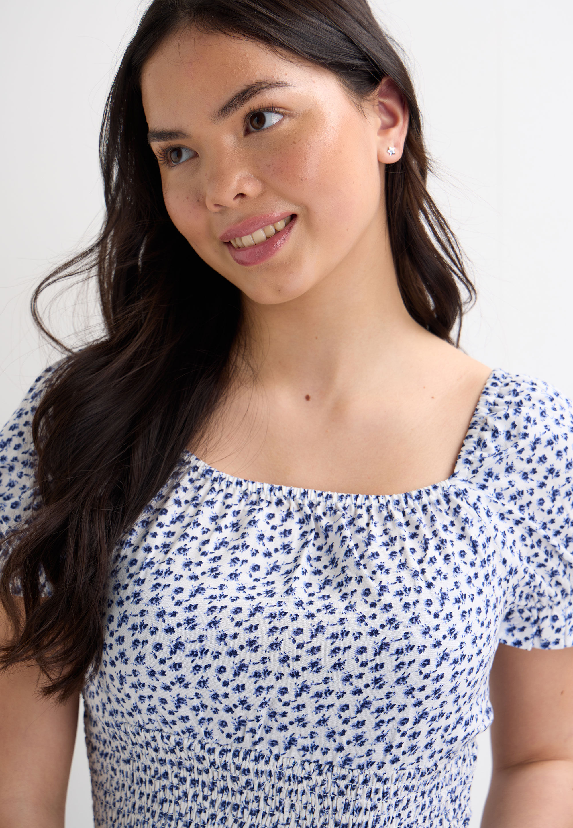 Older Girls Blue Floral Shirred Short Sleeve Top