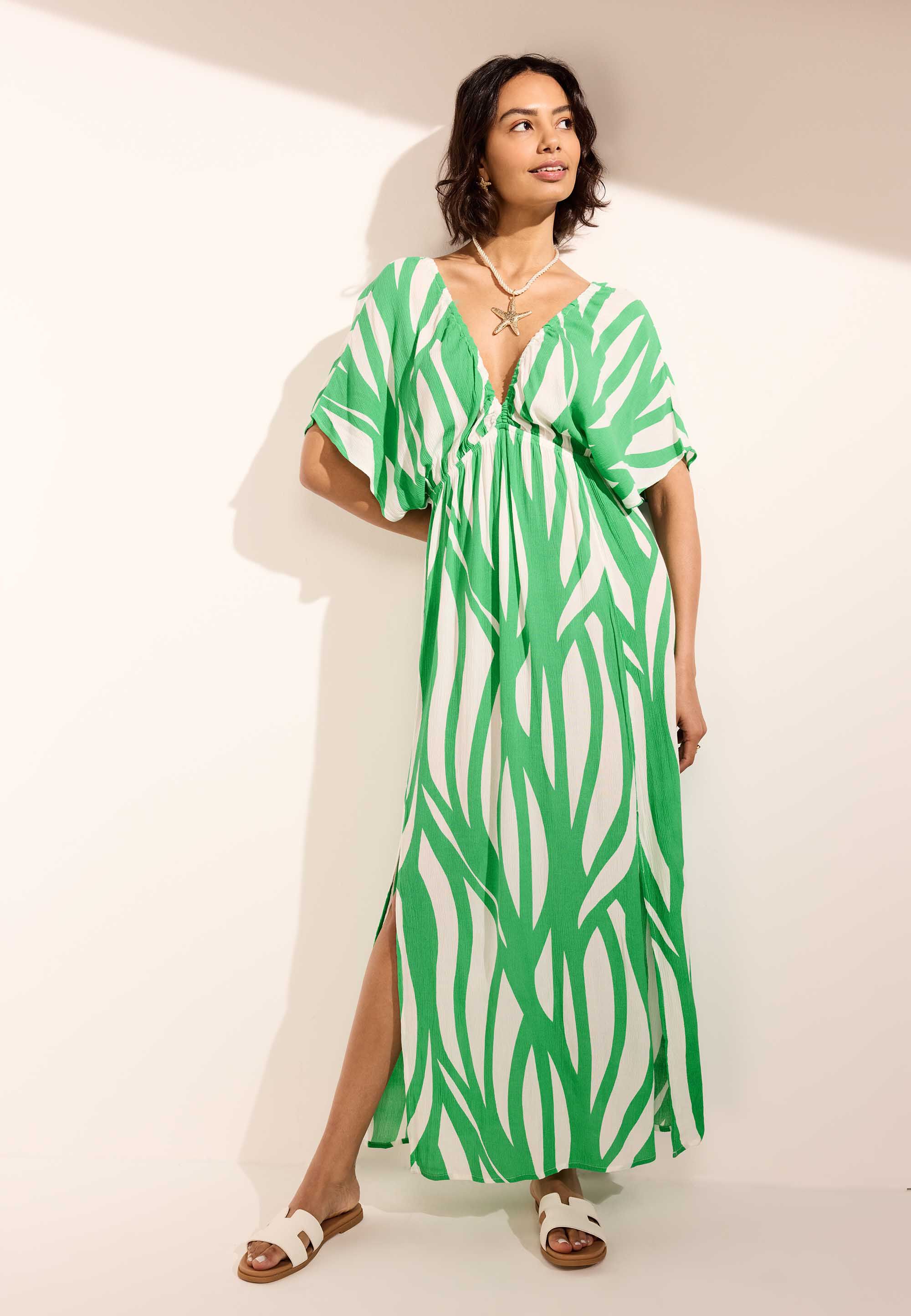 Womens Green & White Patterned Beach Kaftan Dress